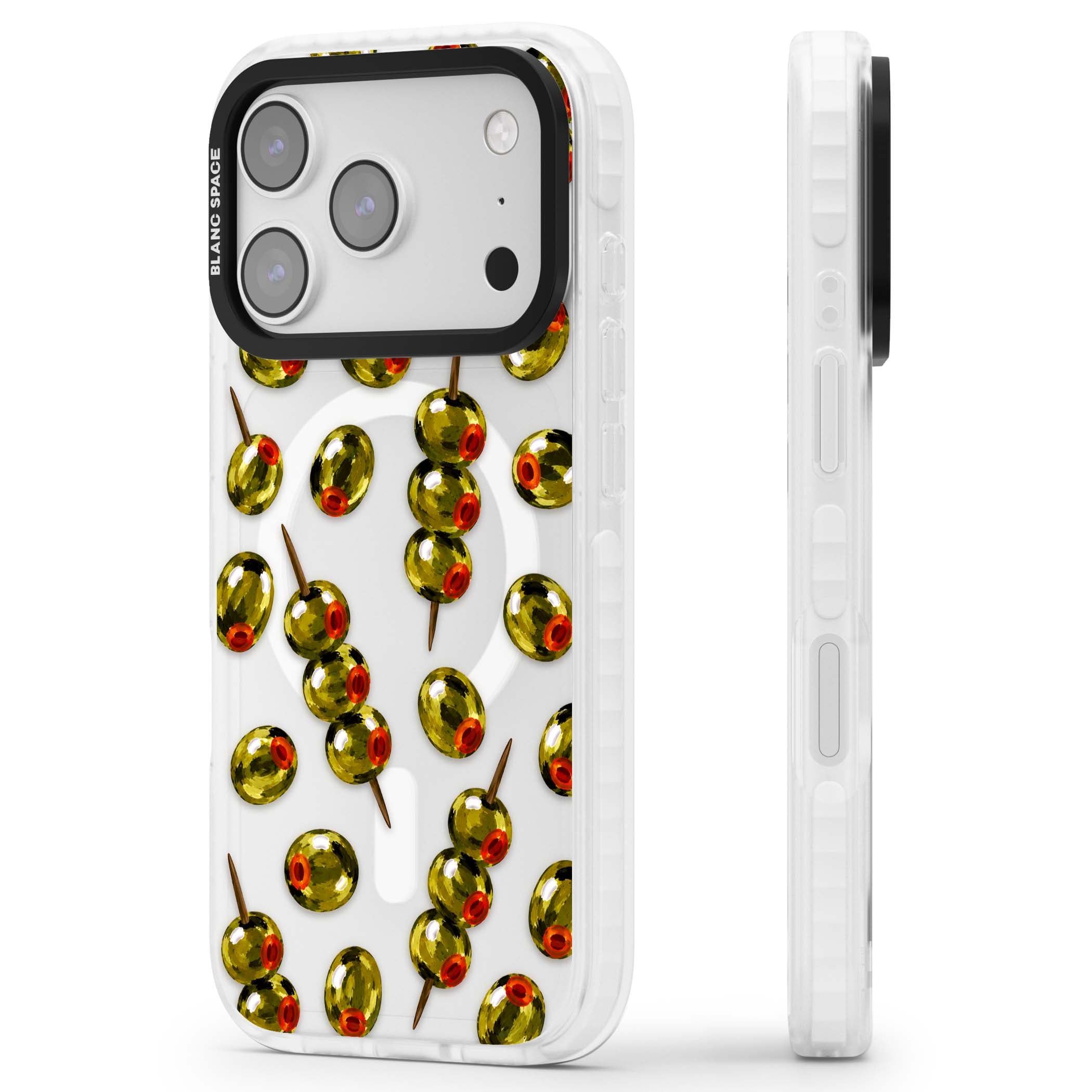 Painted Olives cocktail iPhone case featuring green olives, pimento centres and toothpick skewers on a clear background | Impact Magsafe case for iPhone 17 Pro, iPhone 17 Pro Max