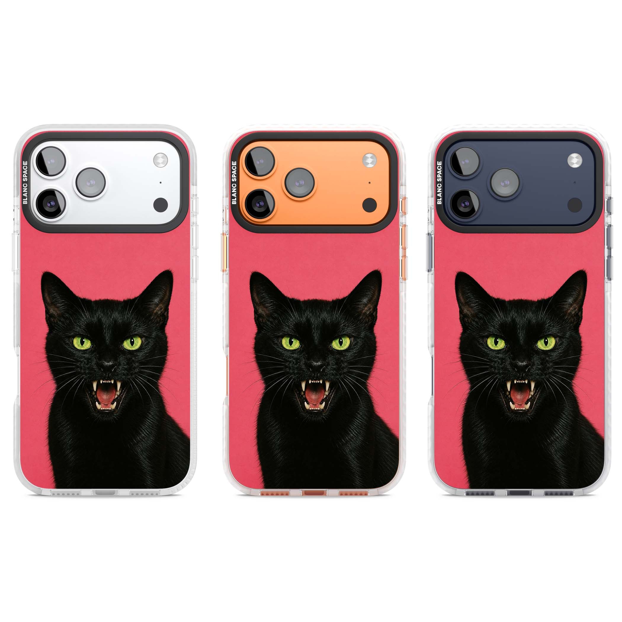 Hissin' Baddie black cat iPhone case featuring a hissing feline with green eyes on a hot pink background | Impact Magsafe case for iPhone 17 Pro, iPhone 17 Pro Max