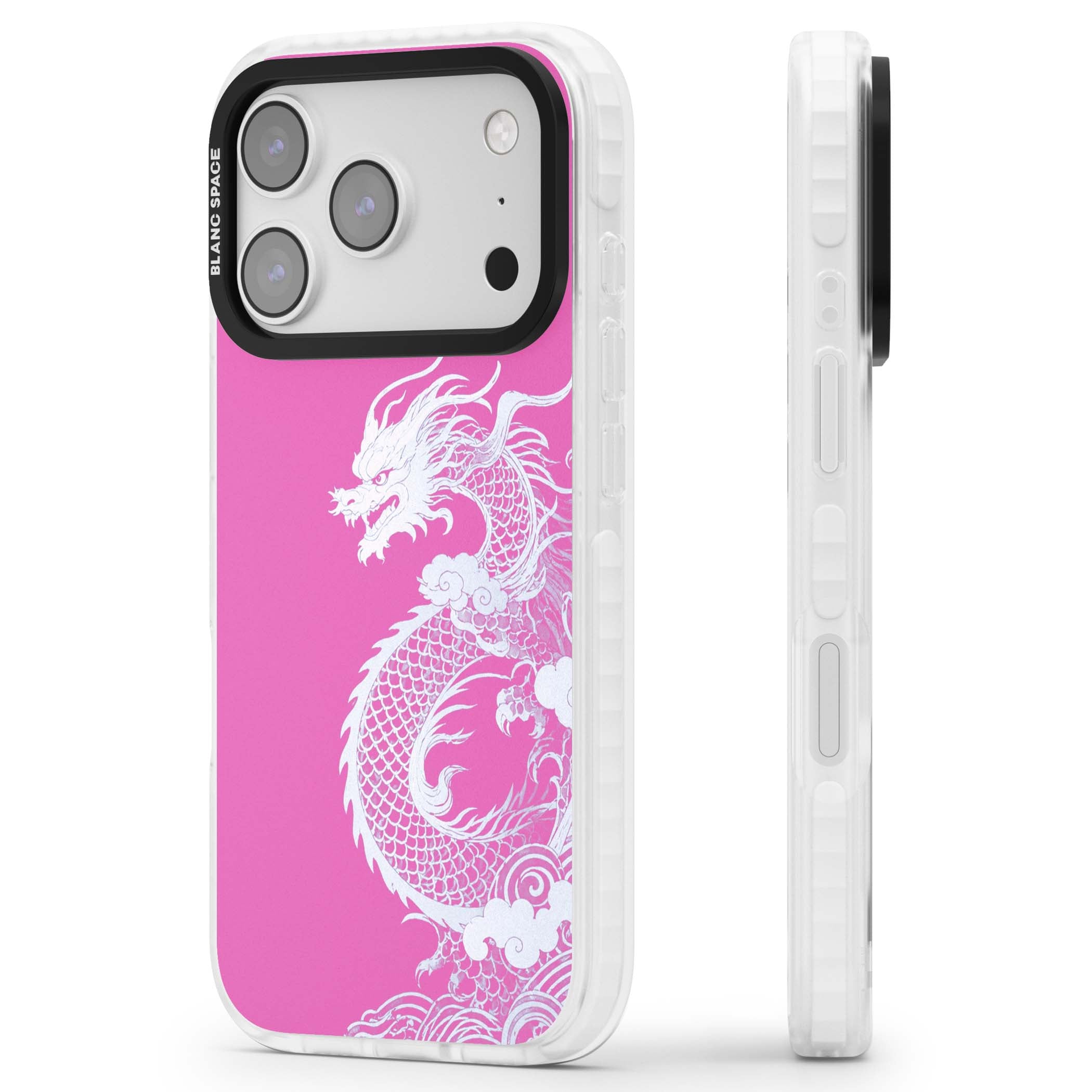 Pink Empress chinese dragon iPhone case featuring a white dragon, swirling clouds and pink dragon wallpaper backdrop | Impact Magsafe case for iPhone 17 Pro, iPhone 17 Pro Max