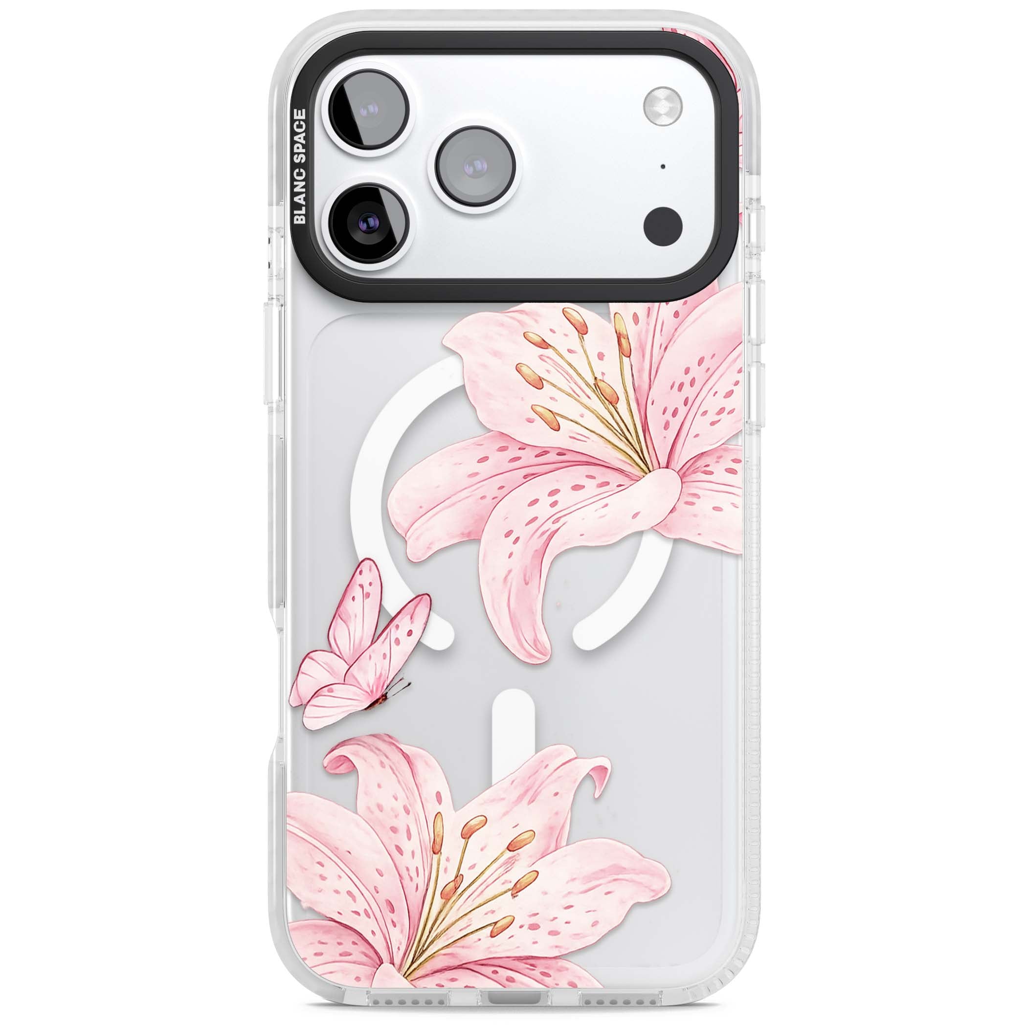 Lily Whisper floral iPhone case featuring pink watercolour lilies and delicate butterflies on a clear background | Impact Magsafe case for iPhone 17 Pro, iPhone 17 Pro Max