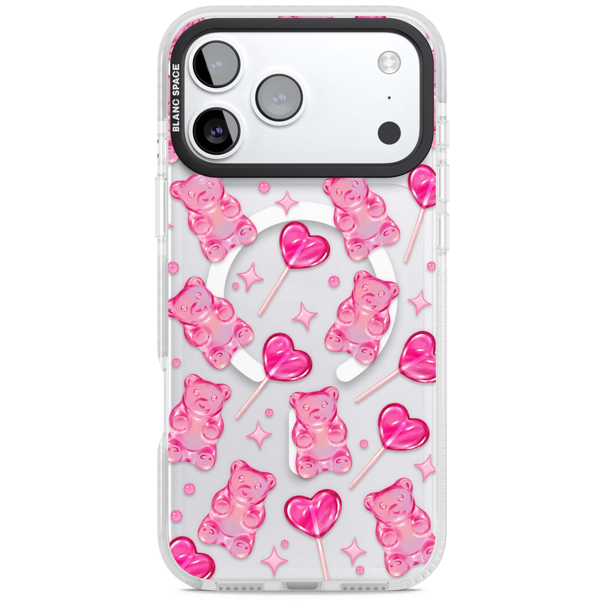 Pink Sugar pinkcore iPhone case featuring pink gummy bears, heart-shaped lollipops and sparkle stars | Impact Magsafe case for iPhone 17 Pro, iPhone 17 Pro Max