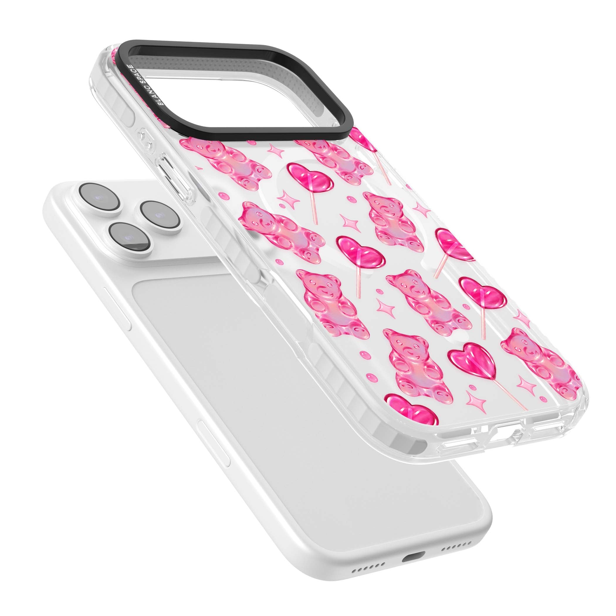 Pink Sugar pinkcore iPhone case featuring pink gummy bears, heart-shaped lollipops and sparkle stars | Impact Magsafe case for iPhone 17 Pro, iPhone 17 Pro Max