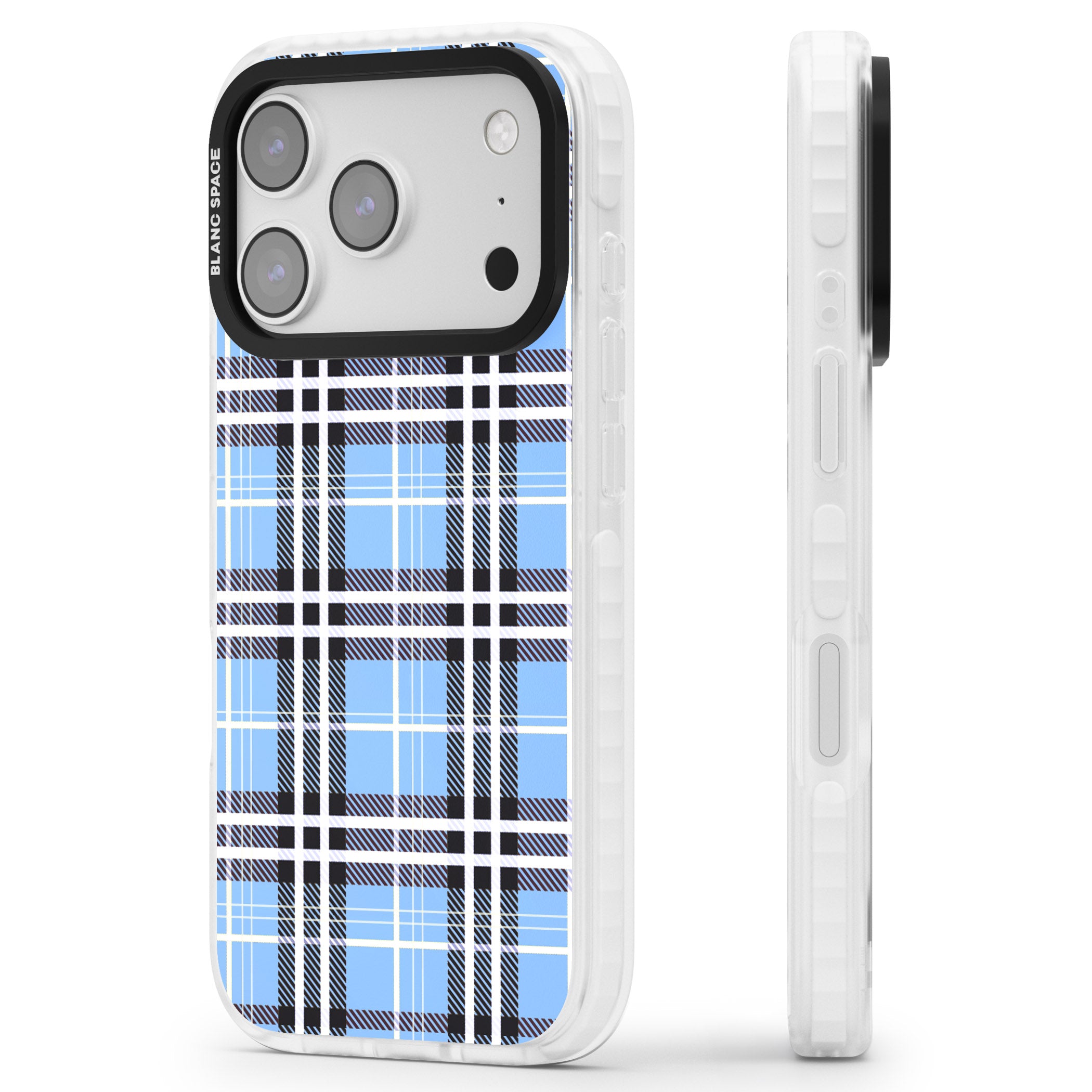 Blue Plaid iPhone 17 Pro Impact Pro Clear Phone Case Side Profile