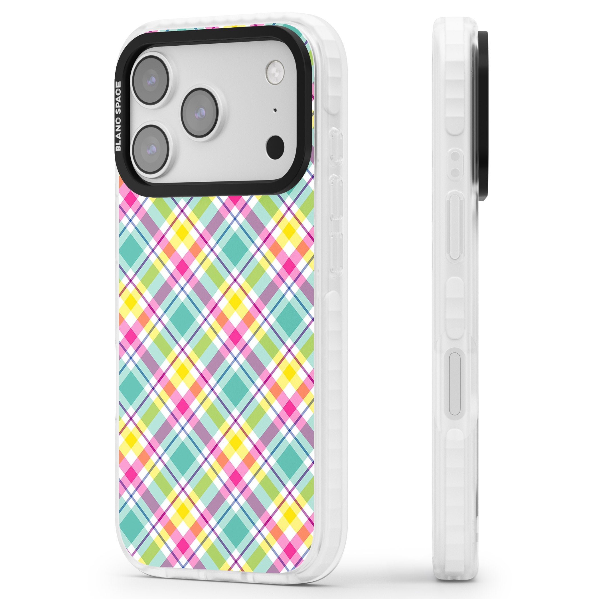 Crosshatch Plaid iPhone 17 Pro Impact Pro Clear Phone Case Side Profile