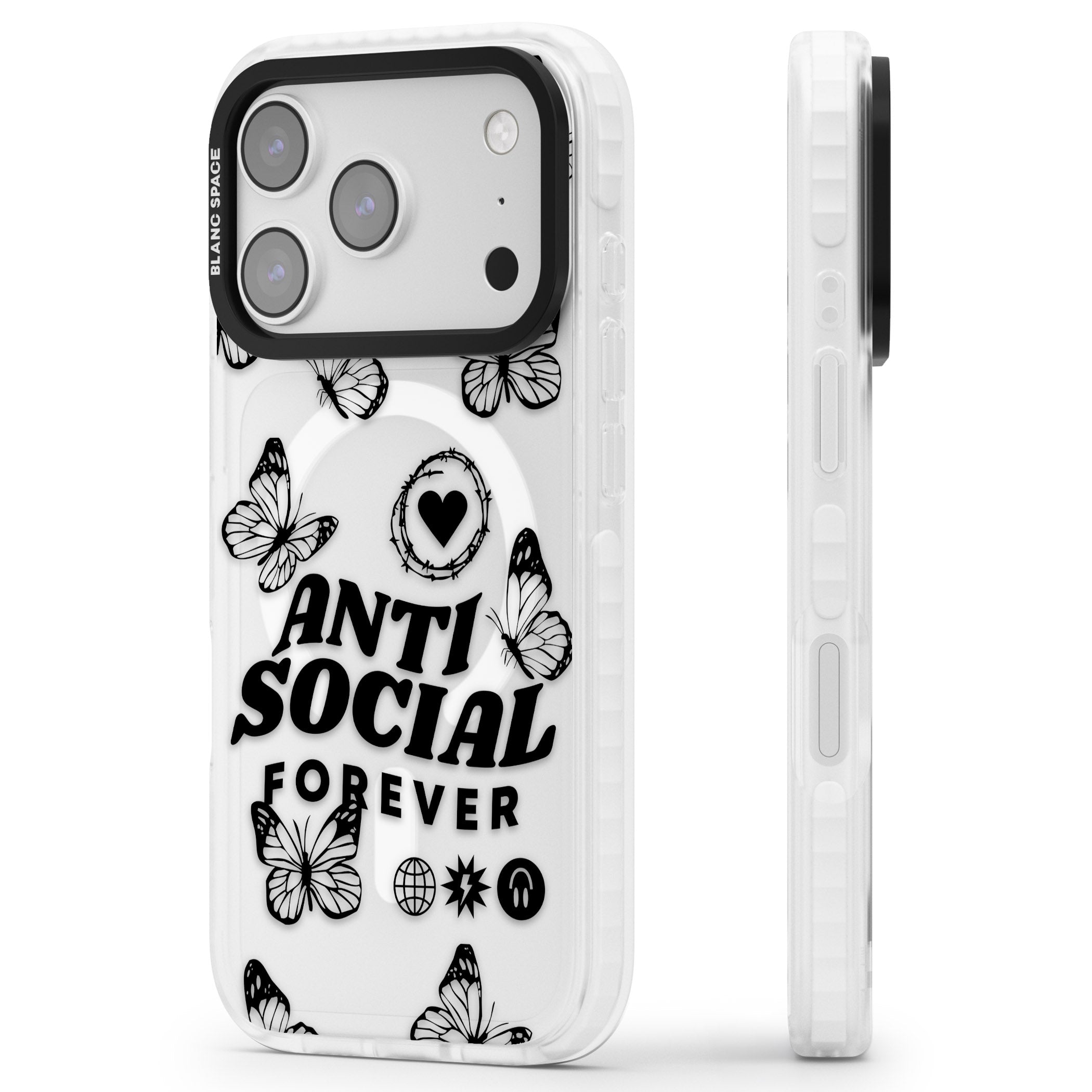 Anti Social Forever iPhone 17 Pro Impact Pro Clear Phone Case Side Profile