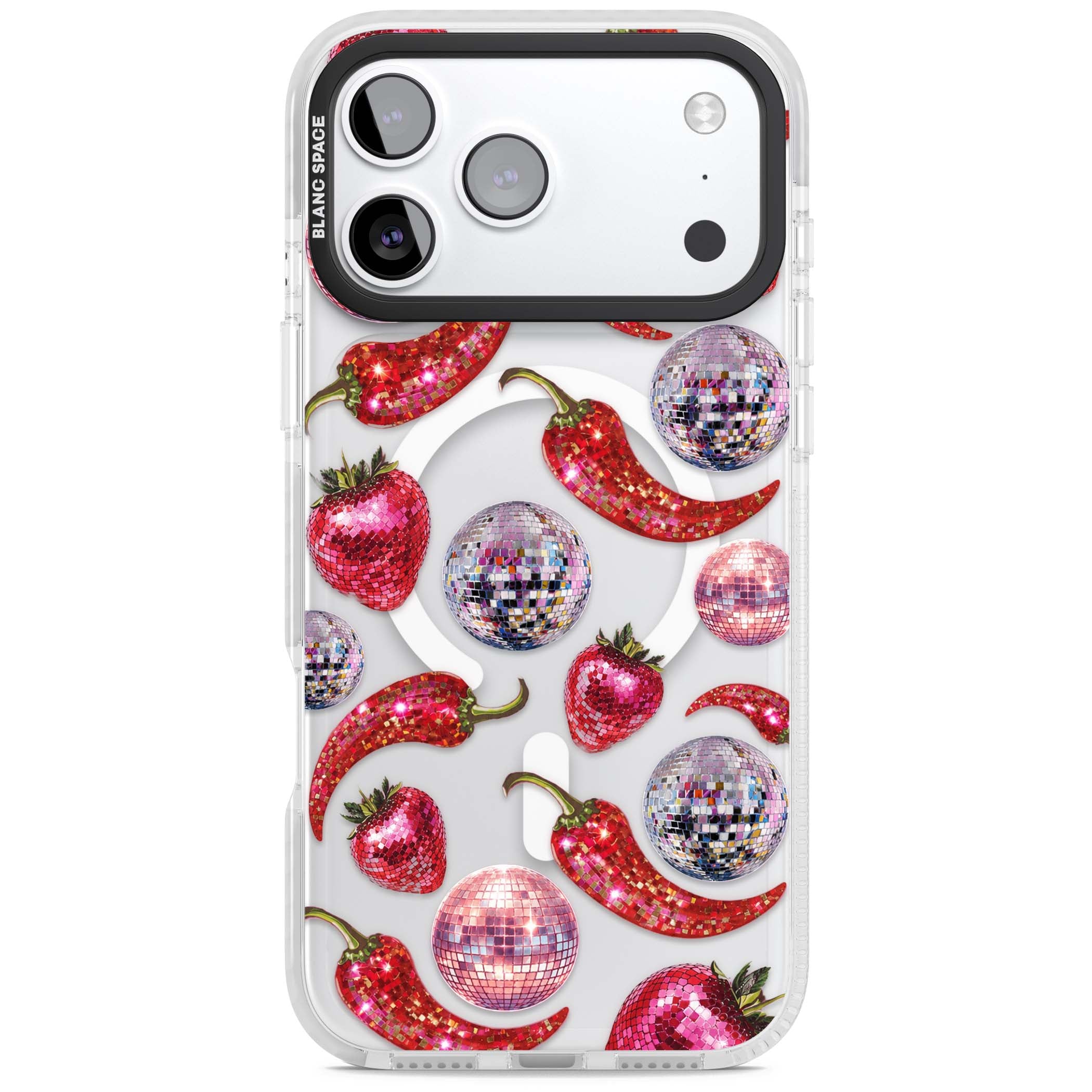 Spicy Disco Y2K iPhone case featuring glitter disco balls, sparkly strawberries and red chilli peppers | Impact Magsafe case for iPhone 17 Pro, iPhone 17 Pro Max