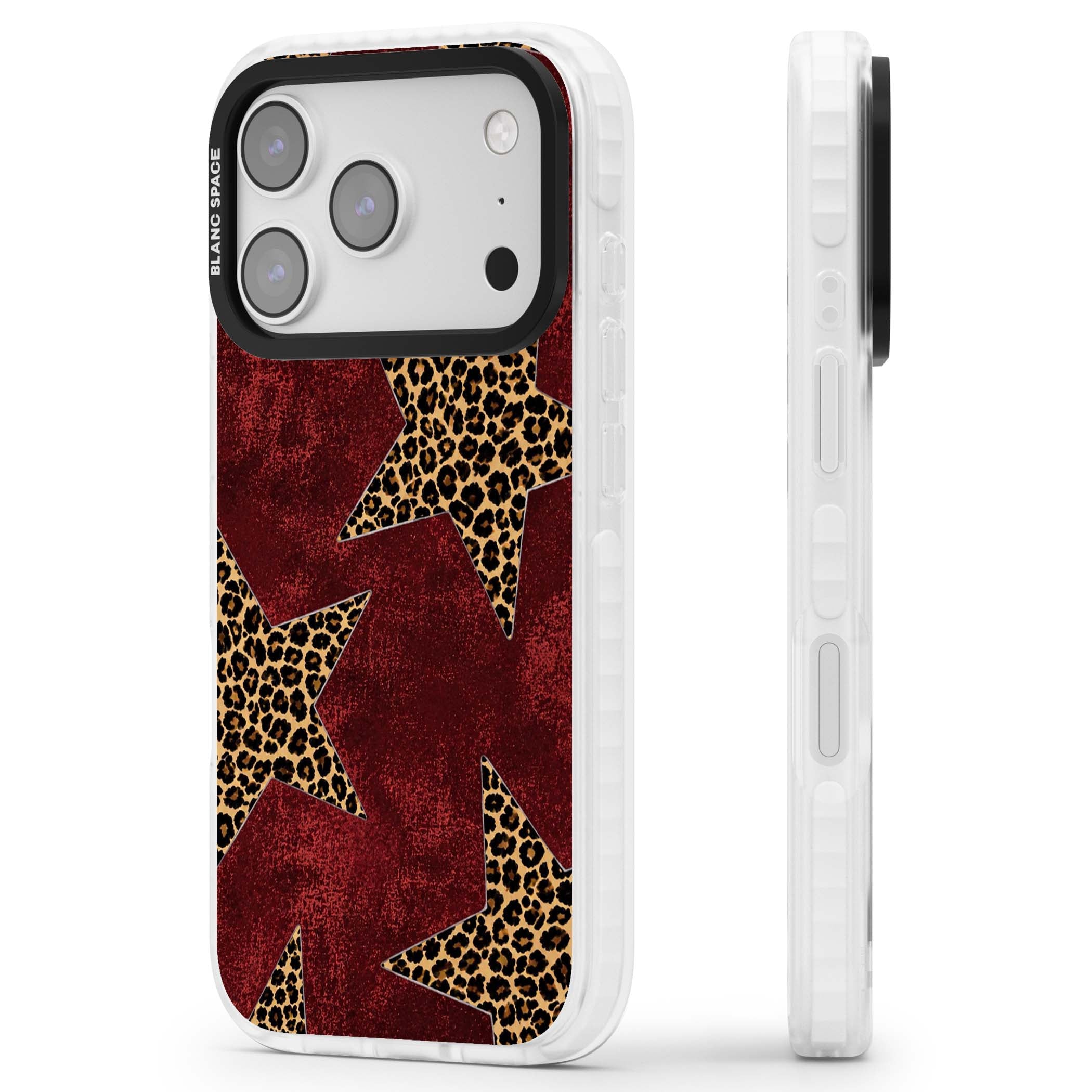 Showgirl leopard print iPhone case featuring cheetah print stars on distressed red grunge background | Impact Magsafe case for iPhone 17 Pro, iPhone 17 Pro Max