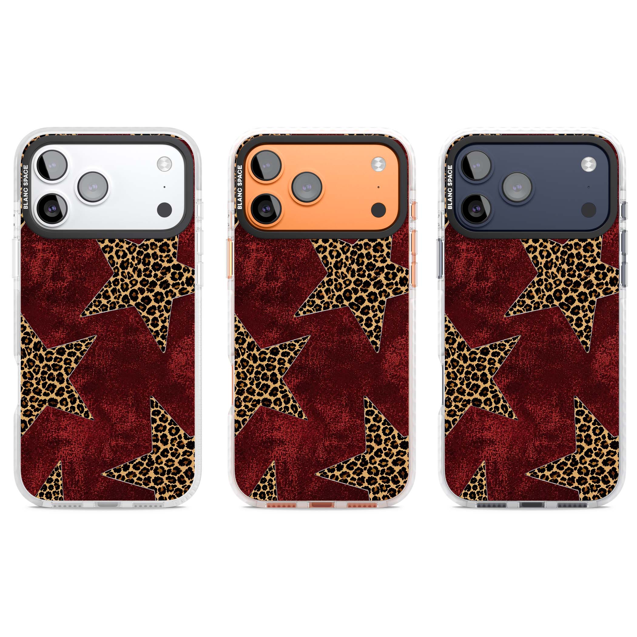 Showgirl leopard print iPhone case featuring cheetah print stars on distressed red grunge background | Impact Magsafe case for iPhone 17 Pro, iPhone 17 Pro Max