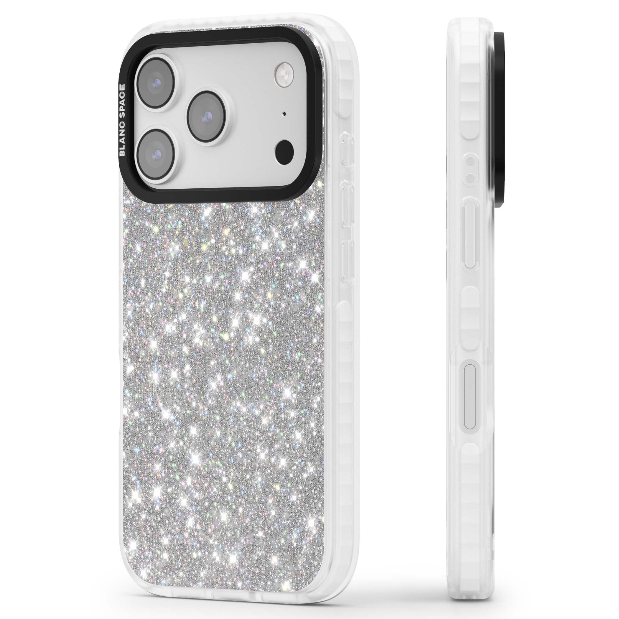 Diamond glam iPhone case featuring silver glitter sparkle and shimmering diamond dust effect | Impact Magsafe case for iPhone 17 Pro, iPhone 17 Pro Max