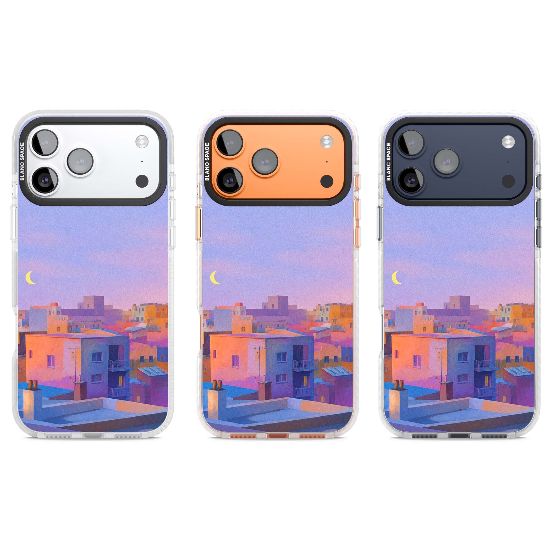 Twilight Rooftops vaporwave iPhone case featuring a pastel sunset cityscape, painted rooftops and a crescent moon. | Impact Magsafe case for iPhone 17 Pro, iPhone 17 Pro Max