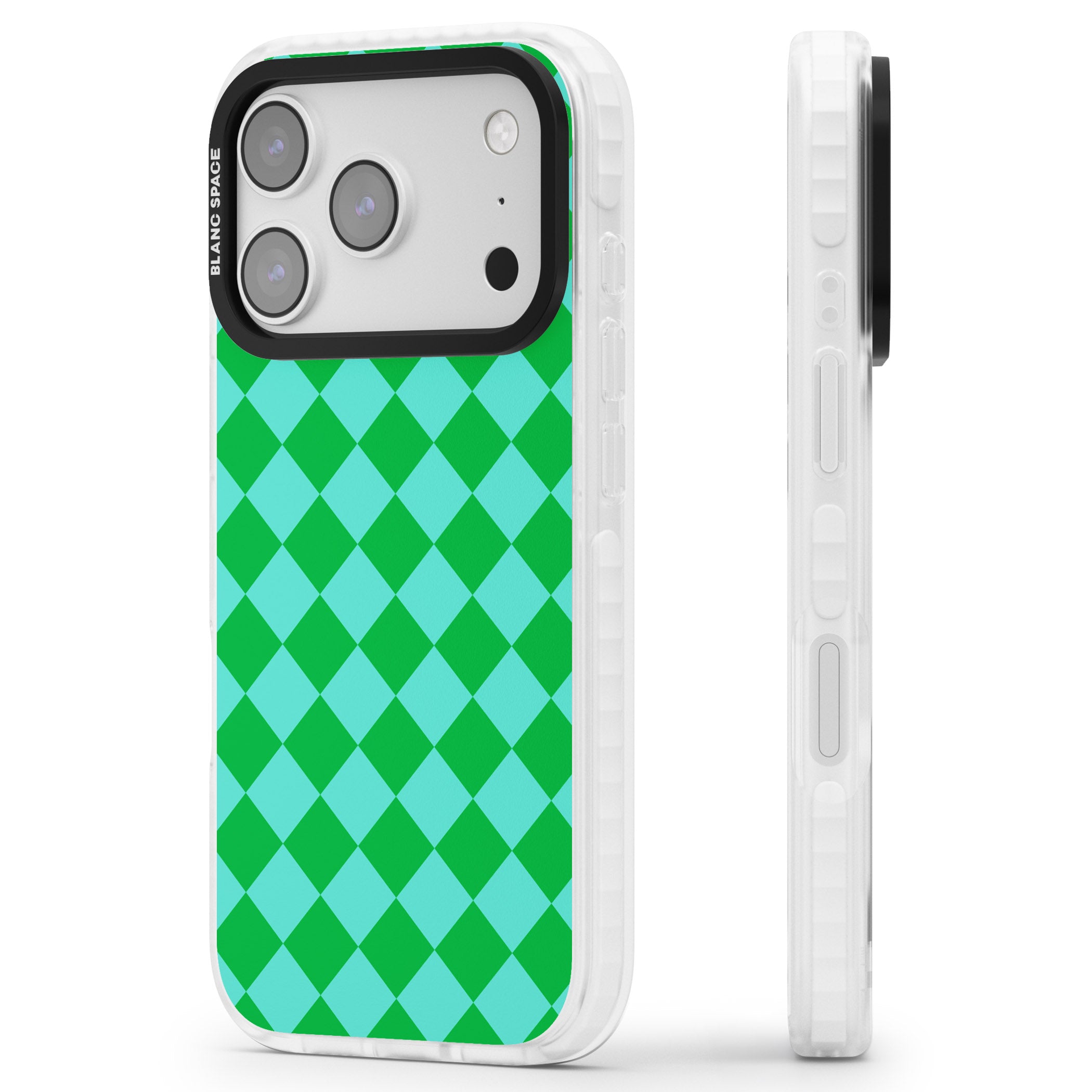 Retro Green Diamond Plaid iPhone 17 Pro Impact Pro Clear Phone Case Side Profile