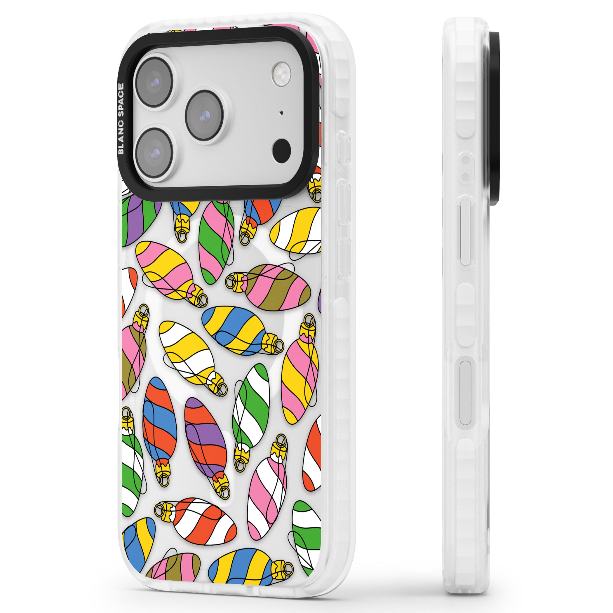 Colourful Holiday Ornaments iPhone 17 Pro Impact Pro Clear Phone Case Side Profile