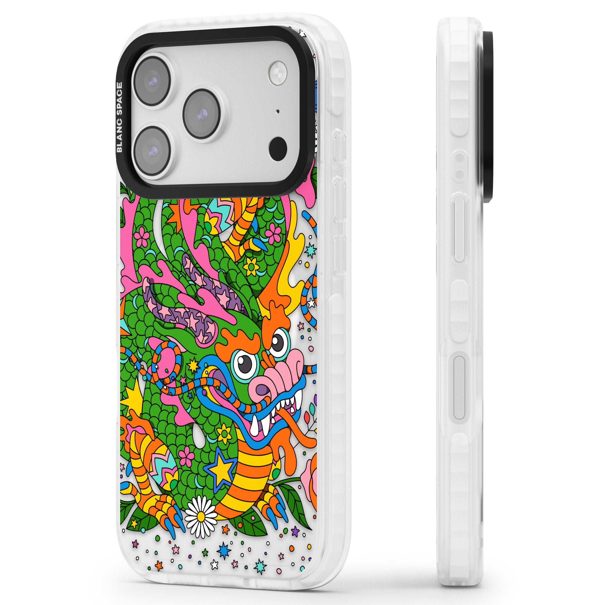 Psychedelic Jungle Dragon iPhone 17 Pro Impact Pro Clear Phone Case Side Profile