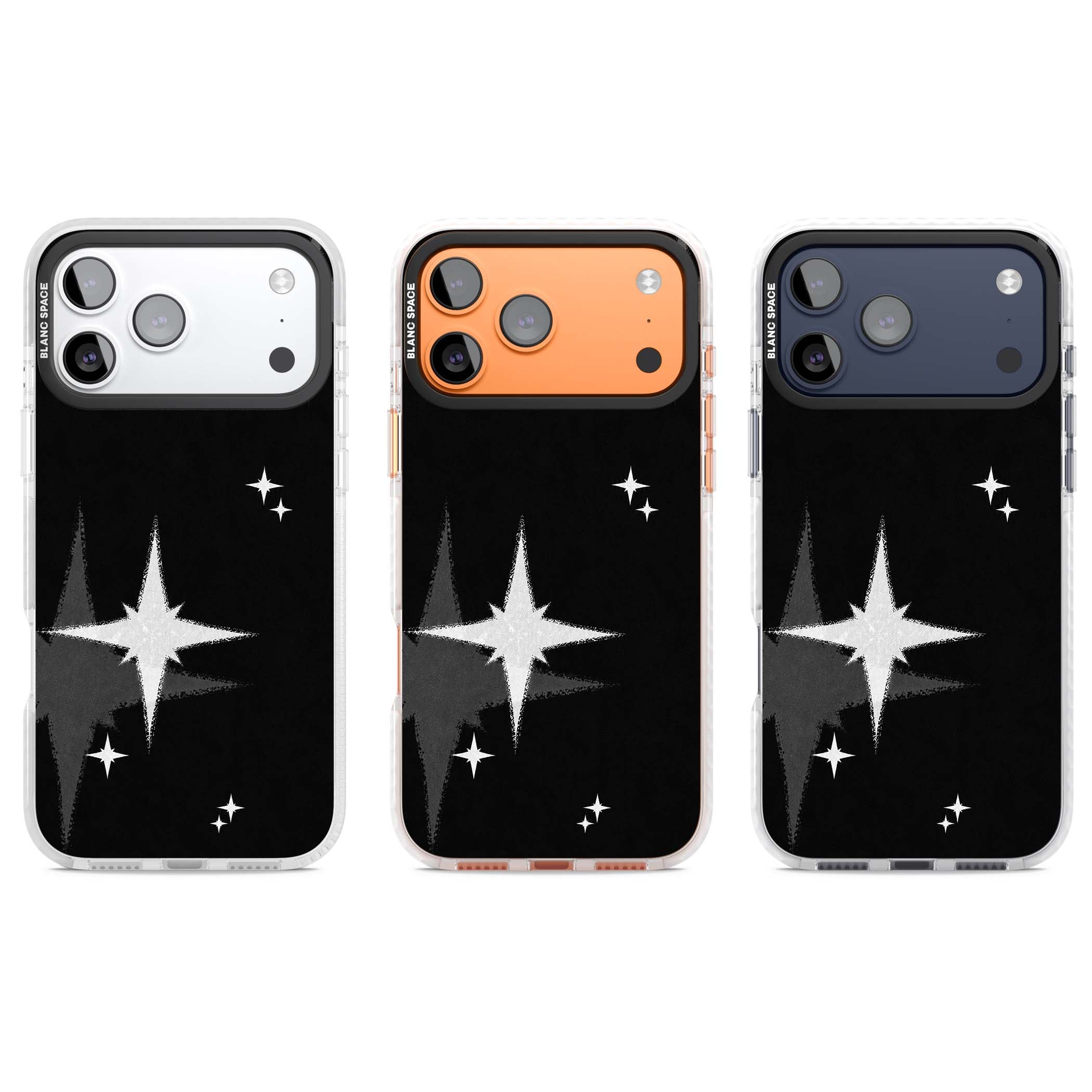 Black Sparkle celestial iPhone case featuring white sparkle stars on a black night sky background | Impact Magsafe case for iPhone 17 Pro, iPhone 17 Pro Max