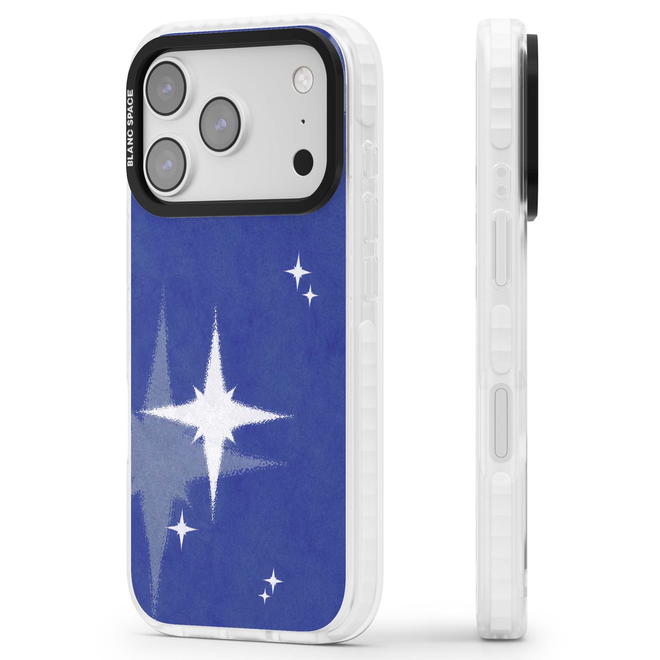 Blue Sparkle celestial iPhone case featuring sparkling silver stars on a deep blue painterly night sky | Impact Magsafe case for iPhone 17 Pro, iPhone 17 Pro Max