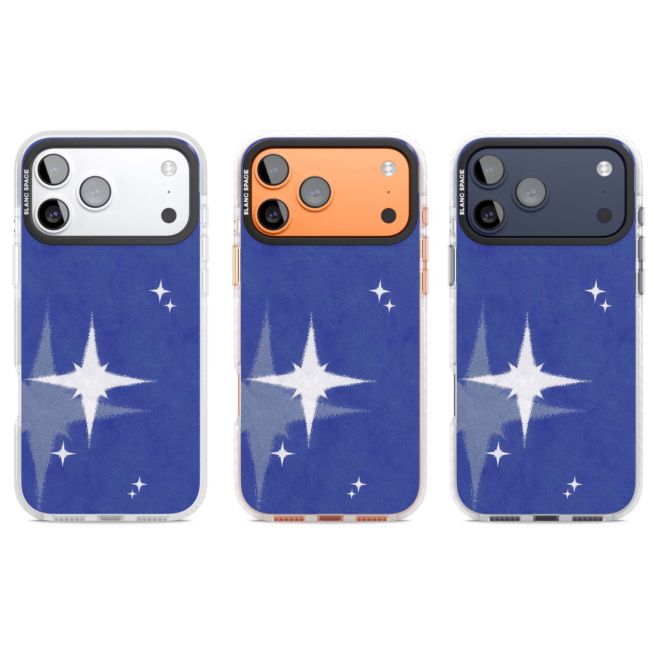 Blue Sparkle celestial iPhone case featuring sparkling silver stars on a deep blue painterly night sky | Impact Magsafe case for iPhone 17 Pro, iPhone 17 Pro Max