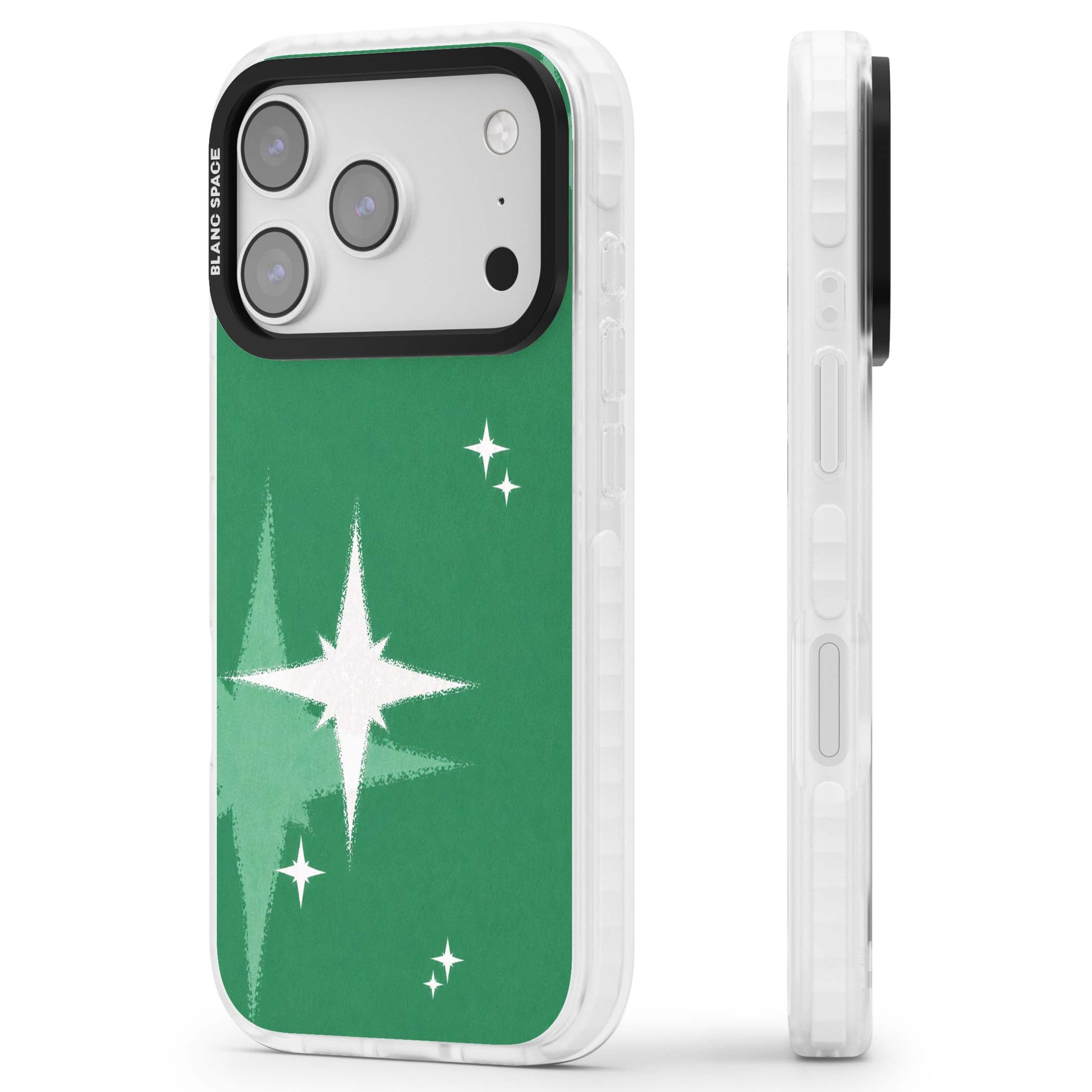 Green Sparkle celestial iPhone case featuring sparkling white four-point stars on a deep green background | Impact Magsafe case for iPhone 17 Pro, iPhone 17 Pro Max