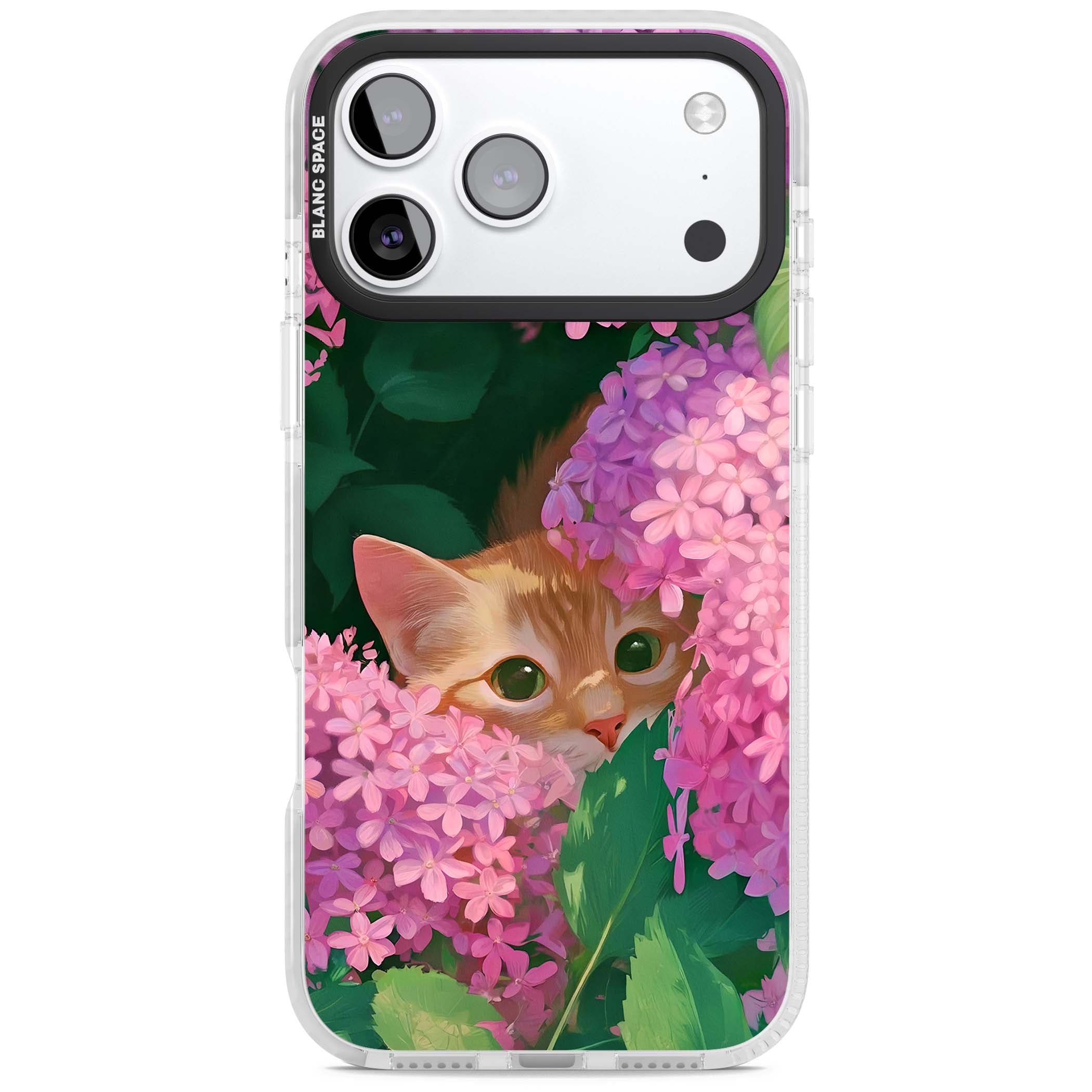 Cat In Pink Flowers cottagecore iPhone case featuring a ginger kitten peeking through lilac and pink hydrangea flo | Impact Magsafe case for iPhone 17 Pro, iPhone 17 Pro Max