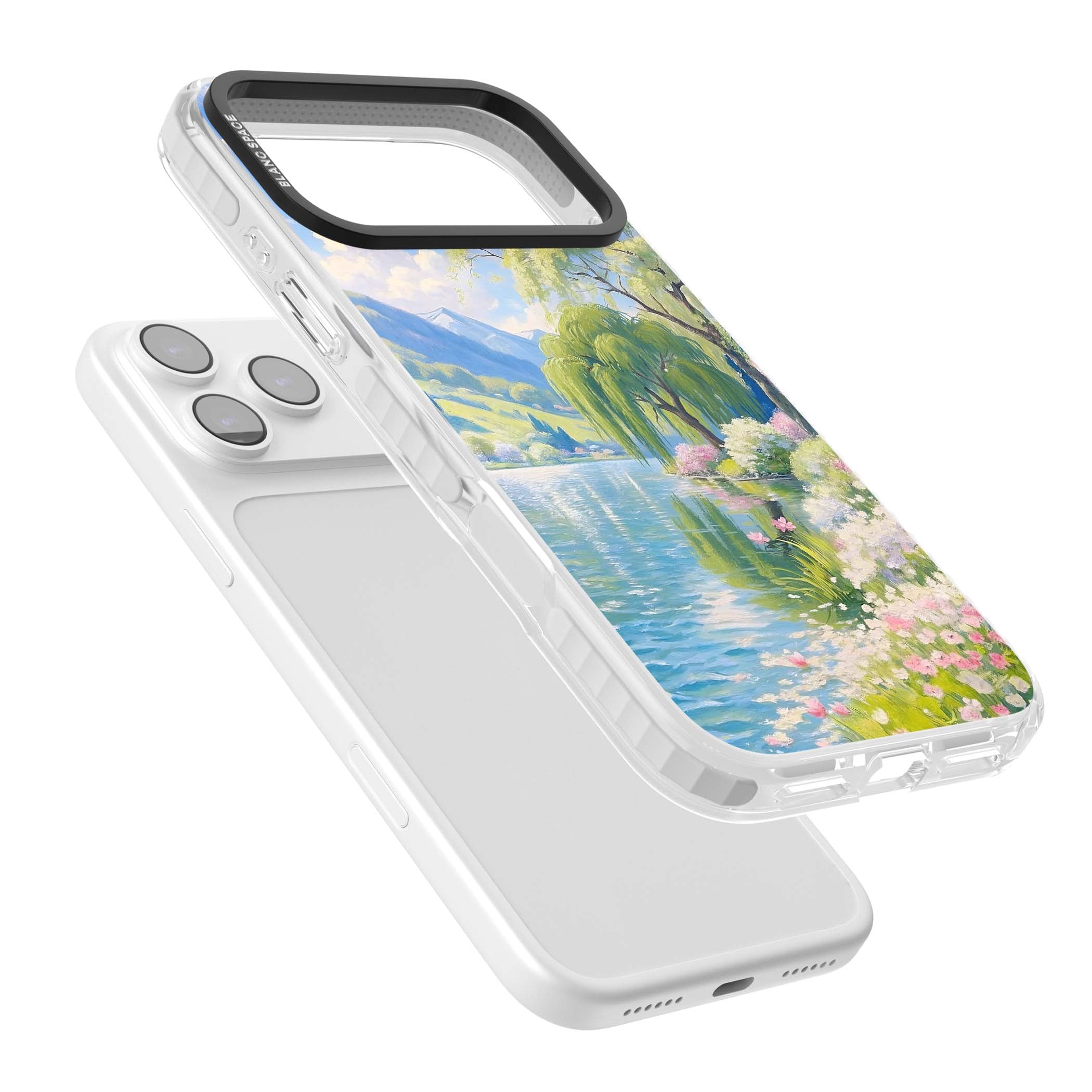 Willow Lake cottagecore iPhone case featuring a painted lakeside with weeping willow, blossoms and distant mountains | Impact Magsafe case for iPhone 17 Pro, iPhone 17 Pro Max