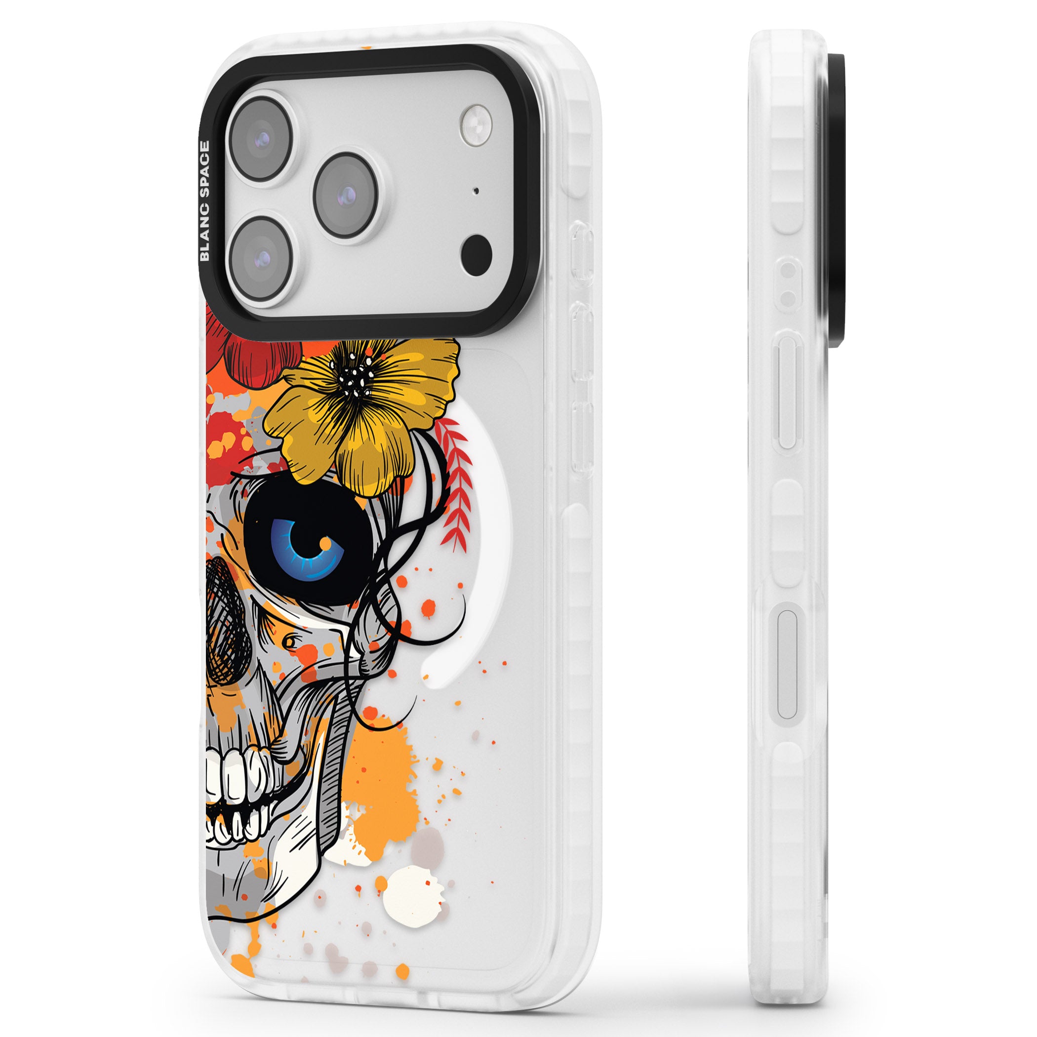 Sugar Skull Flowers iPhone 17 Pro Impact Pro Clear Phone Case Side Profile