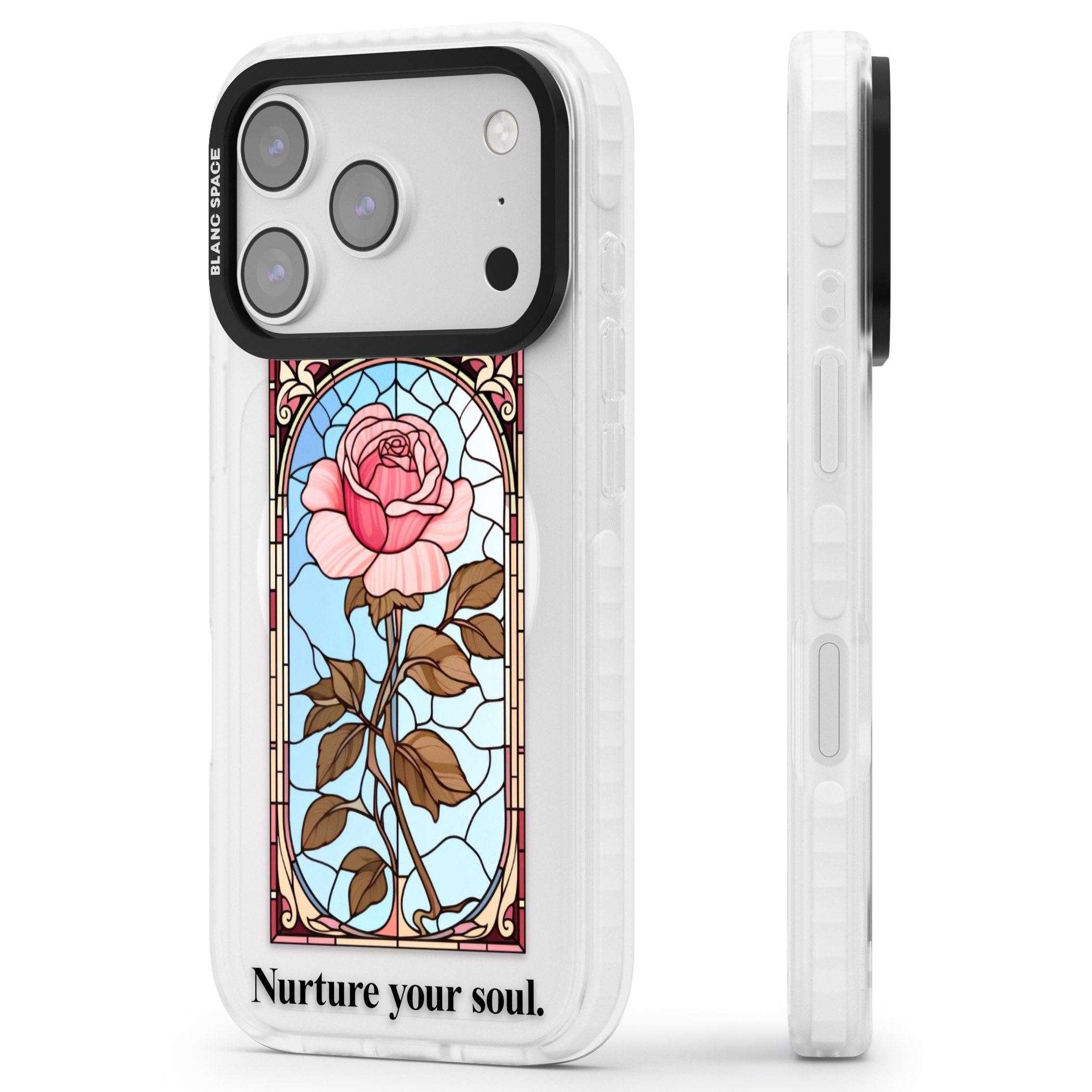 Nurture Your Soul iPhone 17 Pro Impact Pro Clear Phone Case Side Profile