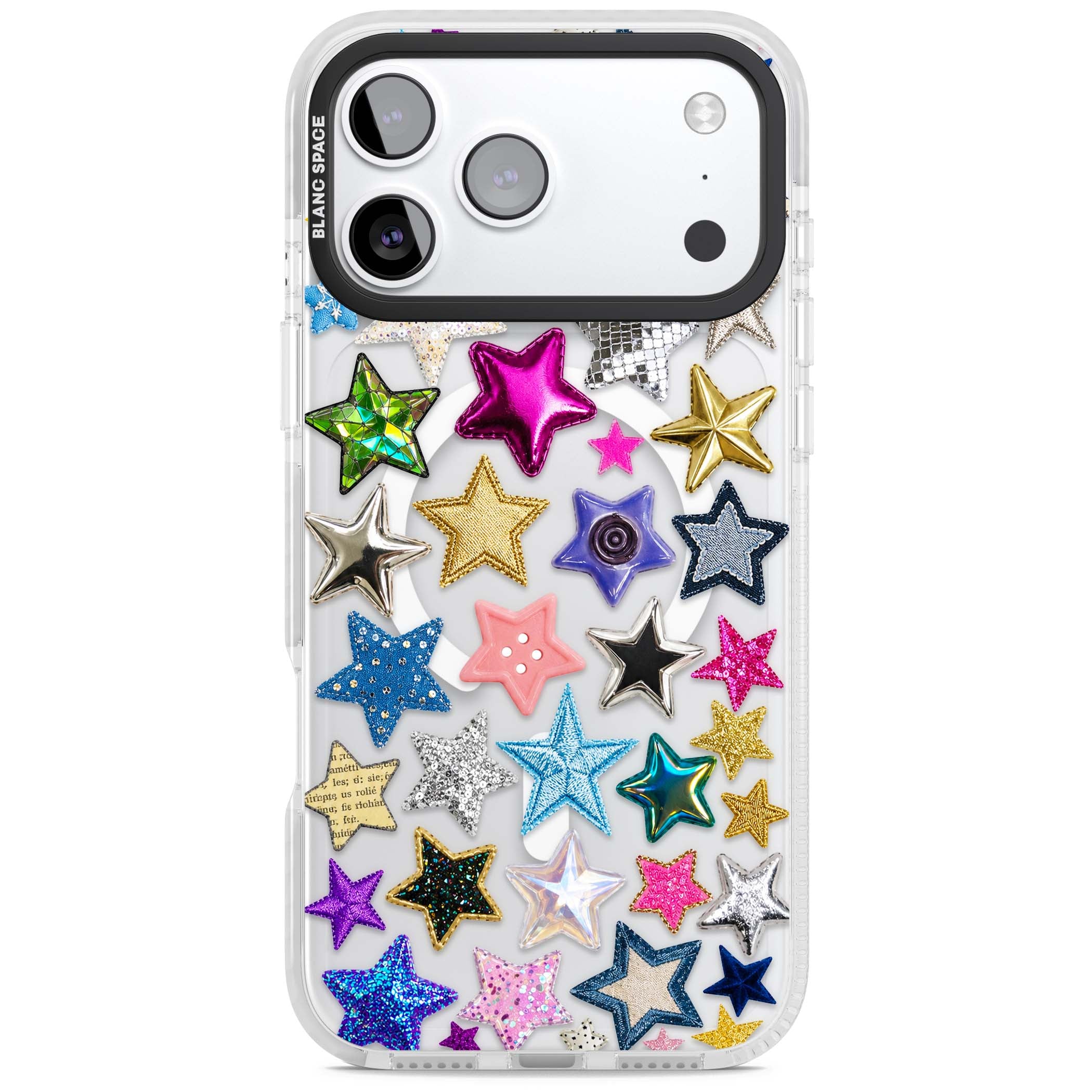 Crafty Star Mix Y2K iPhone case featuring embroidered, sequinned and glitter star patches in rainbow colours | Impact Magsafe case for iPhone 17 Pro, iPhone 17 Pro Max