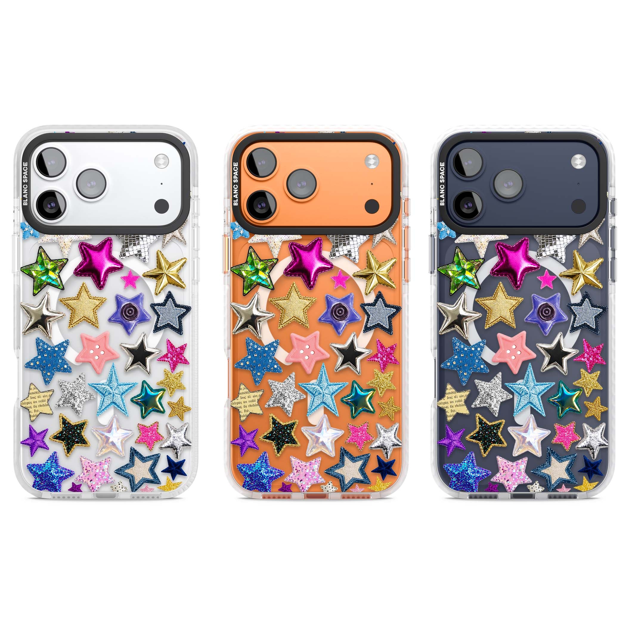 Crafty Star Mix Y2K iPhone case featuring embroidered, sequinned and glitter star patches in rainbow colours | Impact Magsafe case for iPhone 17 Pro, iPhone 17 Pro Max