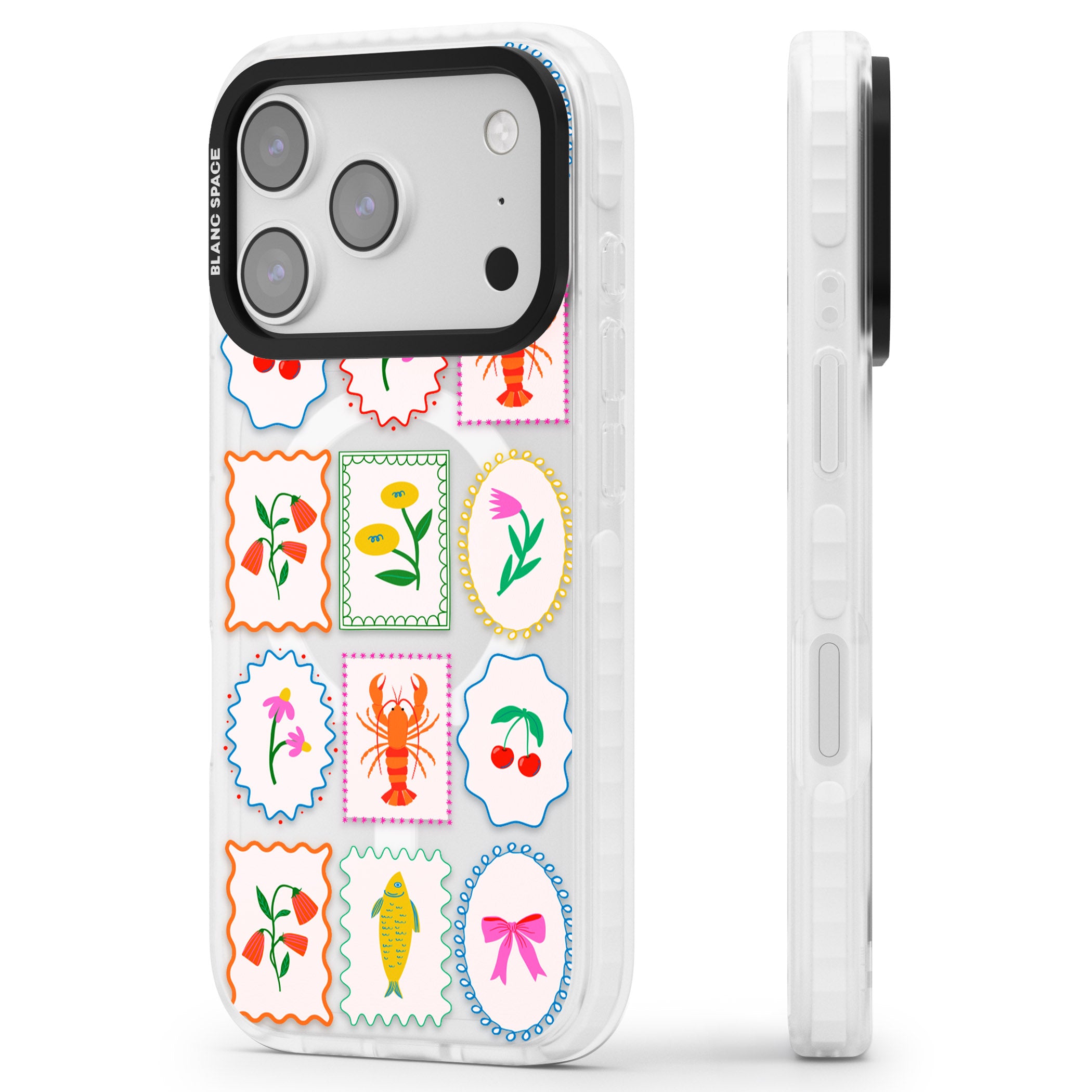 Floral Seafood Stamps iPhone 17 Pro Impact Pro Clear Phone Case Side Profile