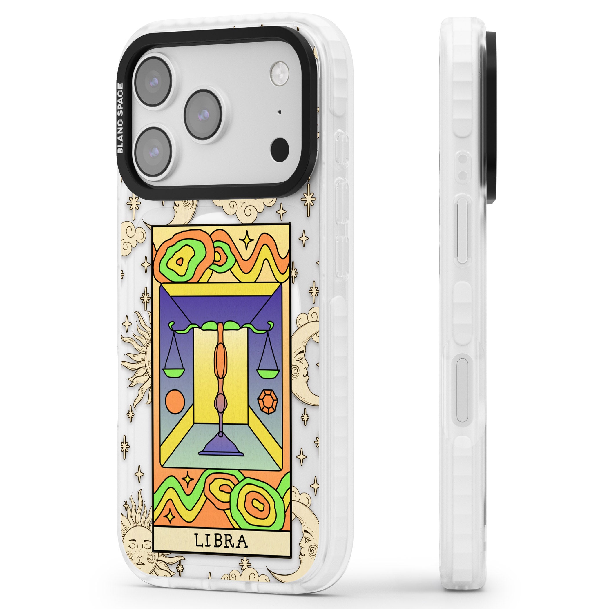 Celestial Zodiac Libra iPhone 17 Pro Impact Pro Clear Phone Case Side Profile