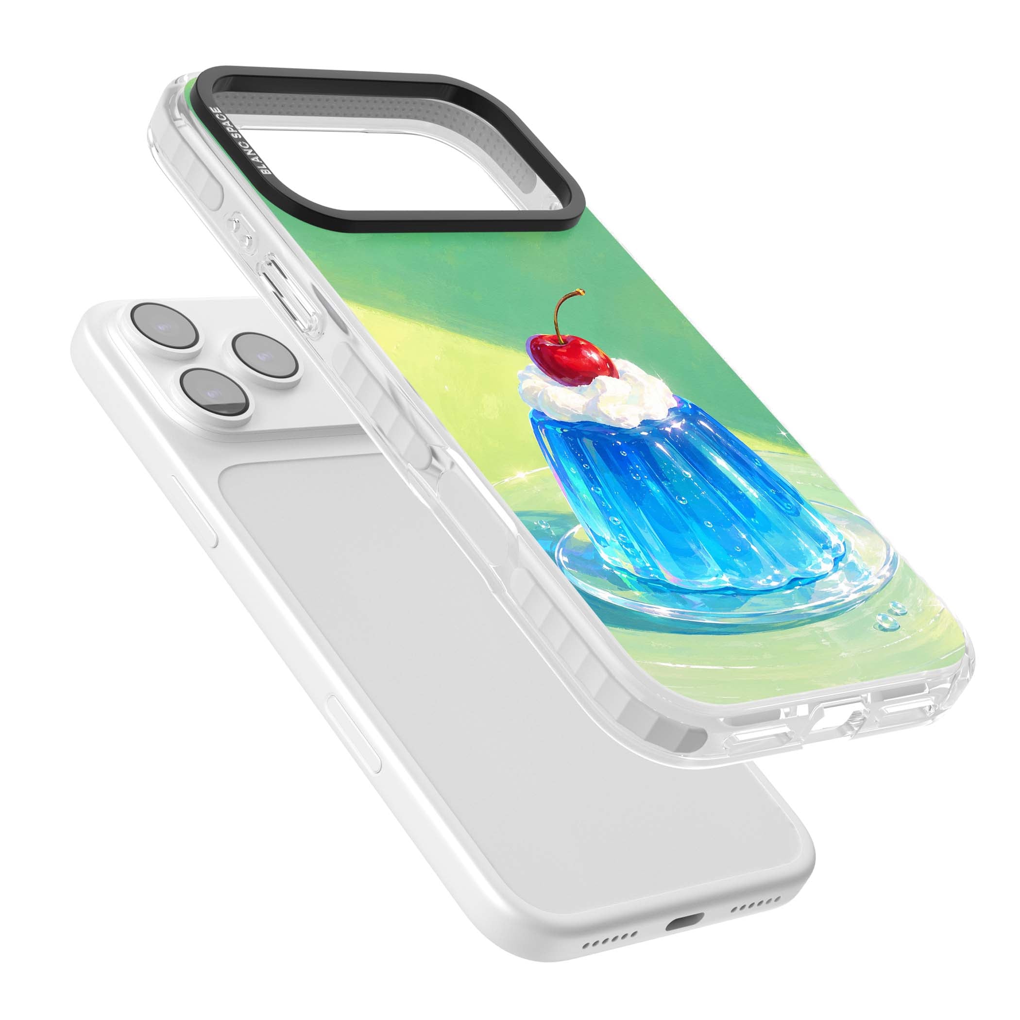 Cherry Jelly kawaii dessert iPhone case featuring blue jelly pudding, whipped cream and a red cherry | Impact Magsafe case for iPhone 17 Pro, iPhone 17 Pro Max