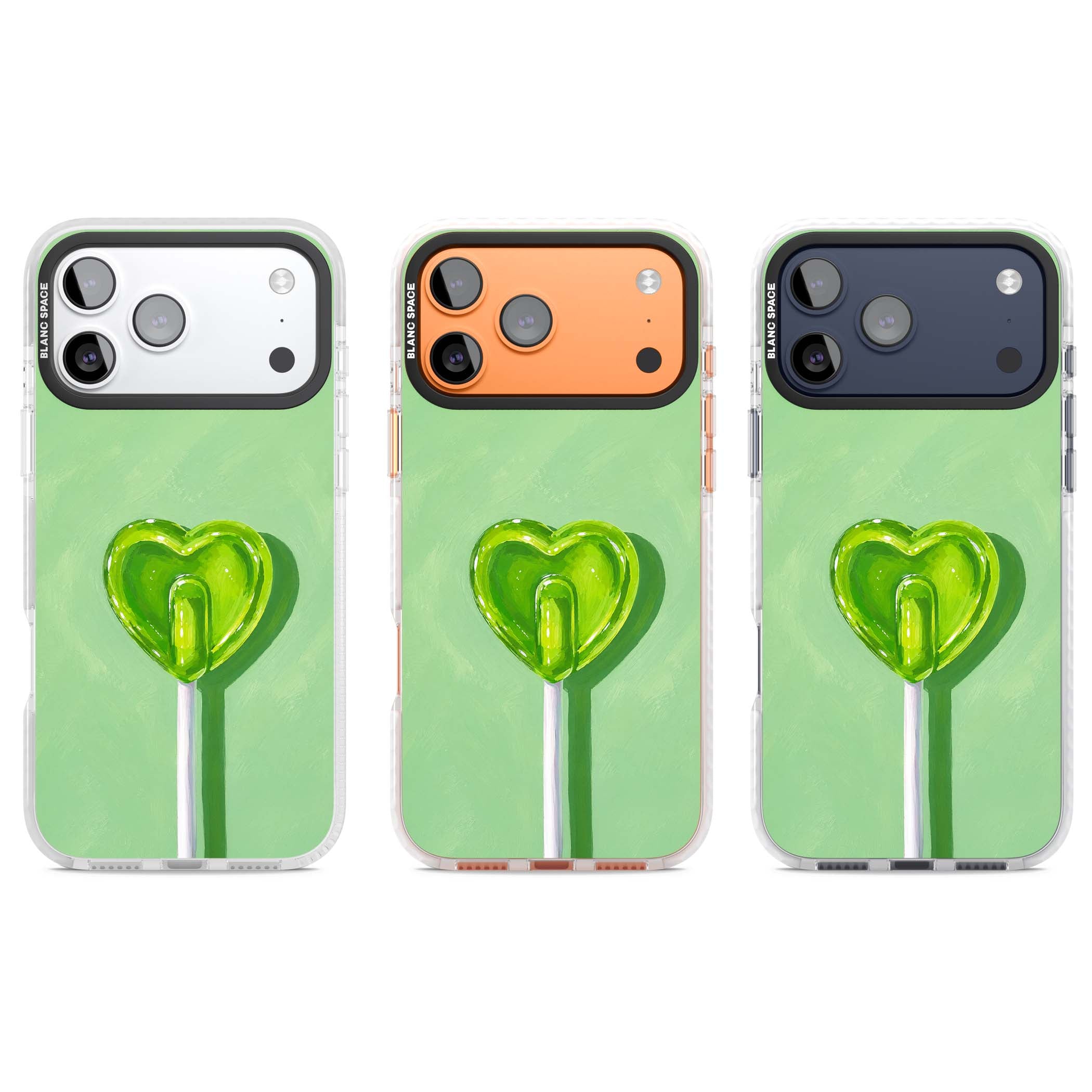Green Lollipop candy art iPhone case featuring a glossy green heart-shaped lollipop on a painted pastel green background | Impact Magsafe case for iPhone 17 Pro, iPhone 17 Pro Max