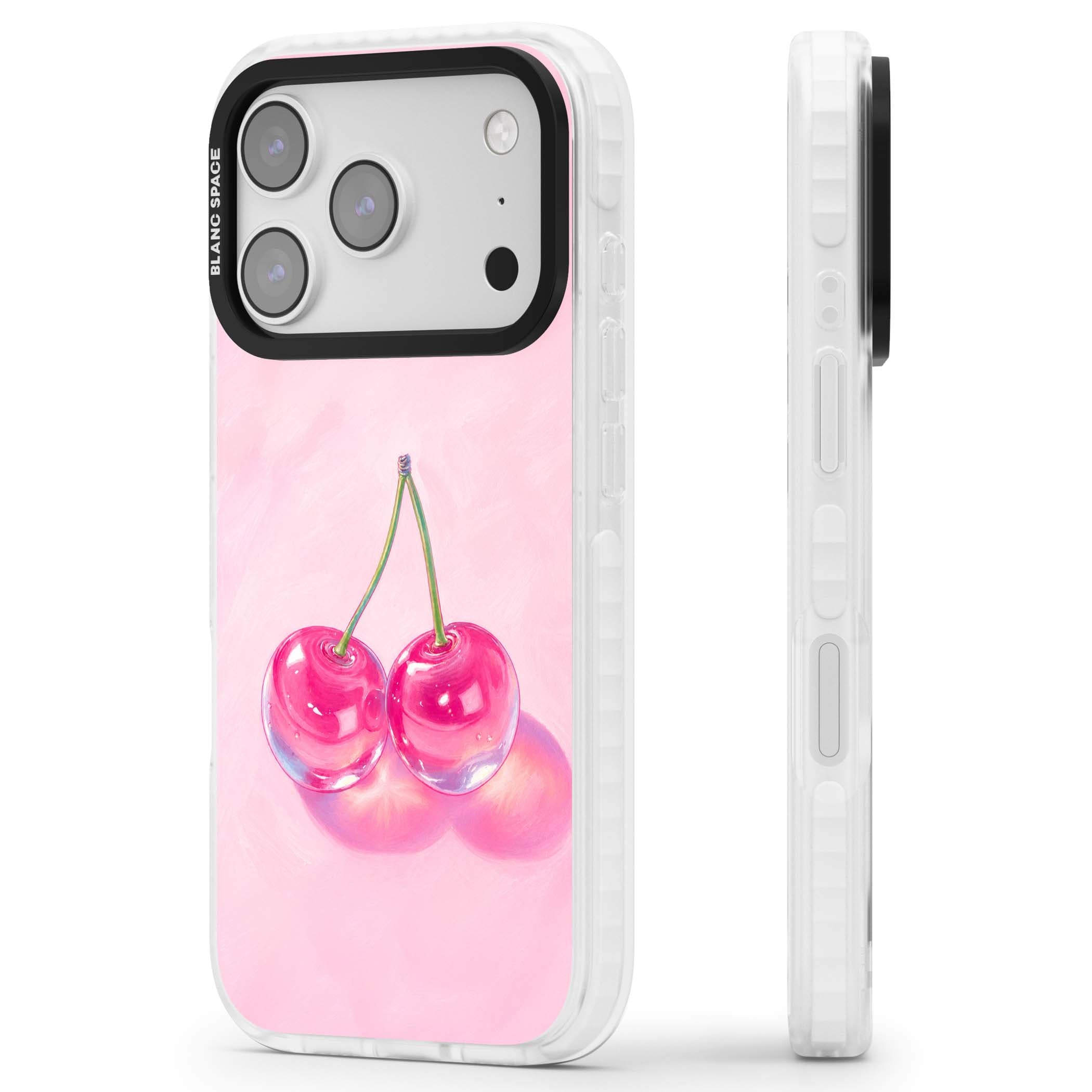 Pink Glass Cherry coquette iPhone case featuring two glossy painted cherries on a soft pink background | Impact Magsafe case for iPhone 17 Pro, iPhone 17 Pro Max