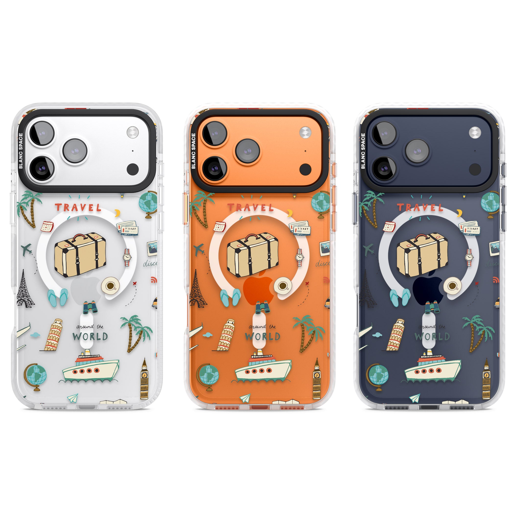 Cute Travel Pattern Transparent iPhone 17 Pro Impact Pro Clear Phone Case APT Impact Protection