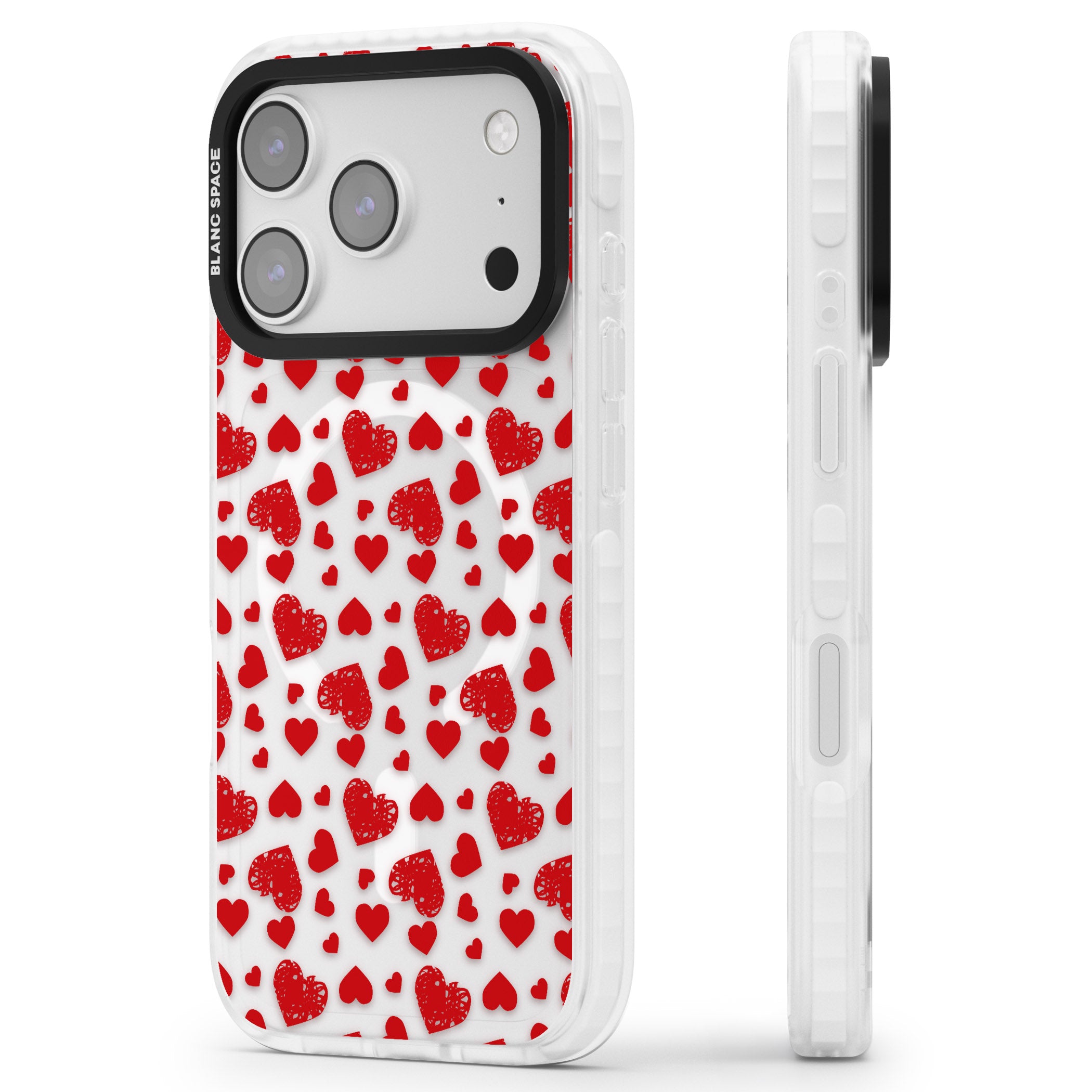 Red Heart Pattern Classic iPhone 17 Pro Max Impact Pro Clear Phone Case Side Profile