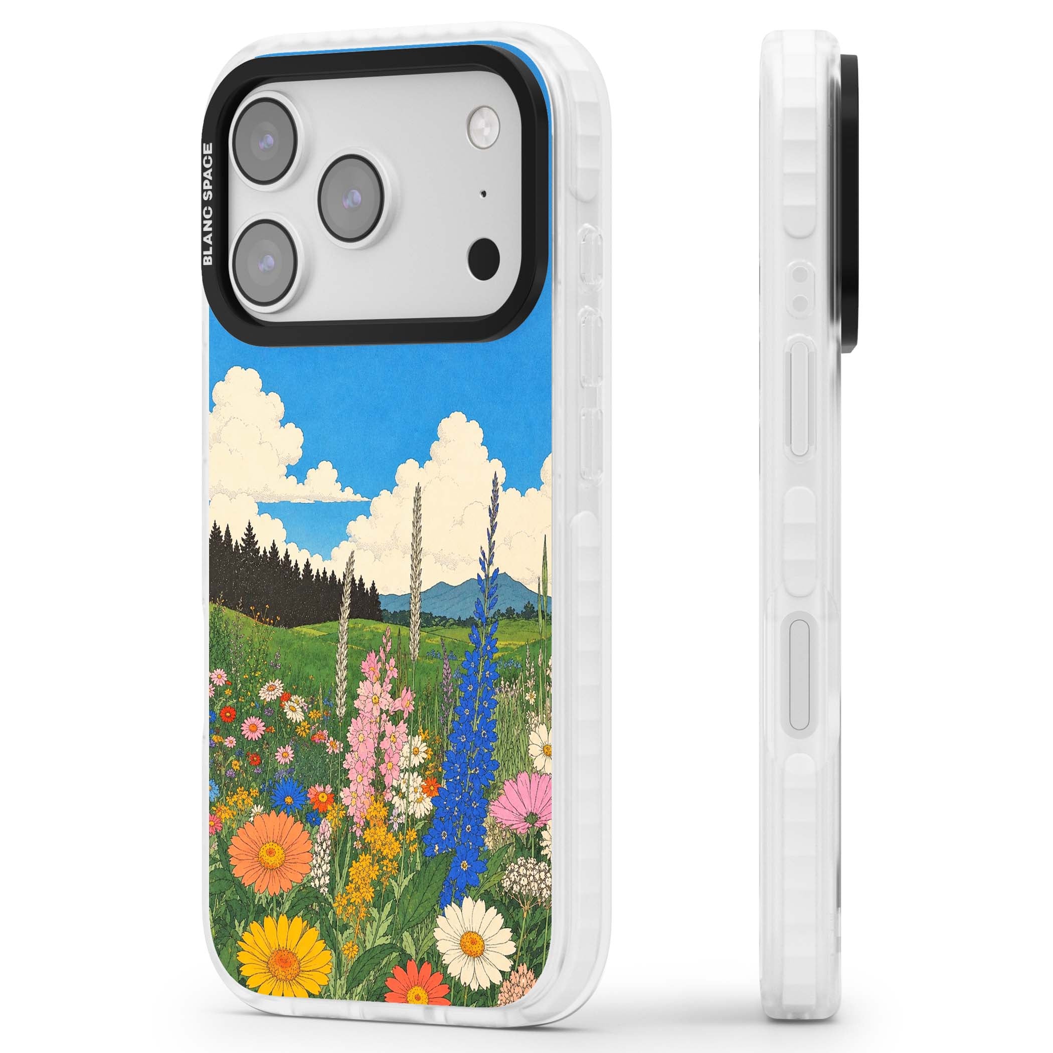 Wildbloom wildflower iPhone case featuring a vintage Japanese-style meadow landscape with daisies, delphiniums and moun | Impact Magsafe case for iPhone 17 Pro, iPhone 17 Pro Max