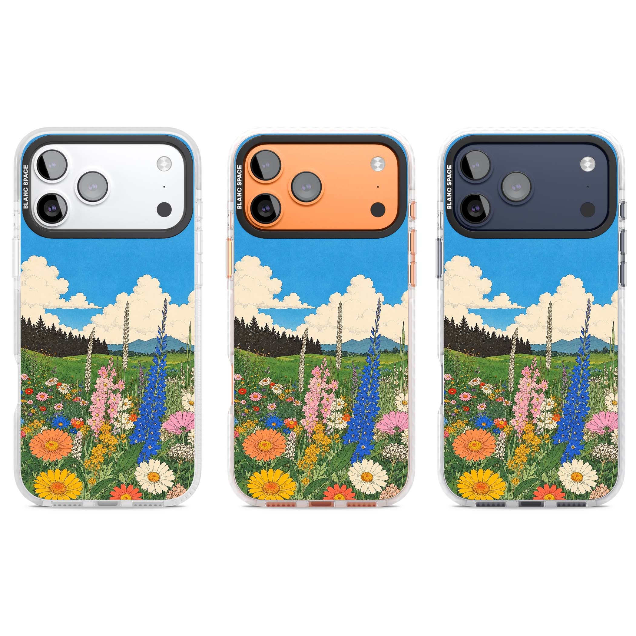 Wildbloom wildflower iPhone case featuring a vintage Japanese-style meadow landscape with daisies, delphiniums and moun | Impact Magsafe case for iPhone 17 Pro, iPhone 17 Pro Max