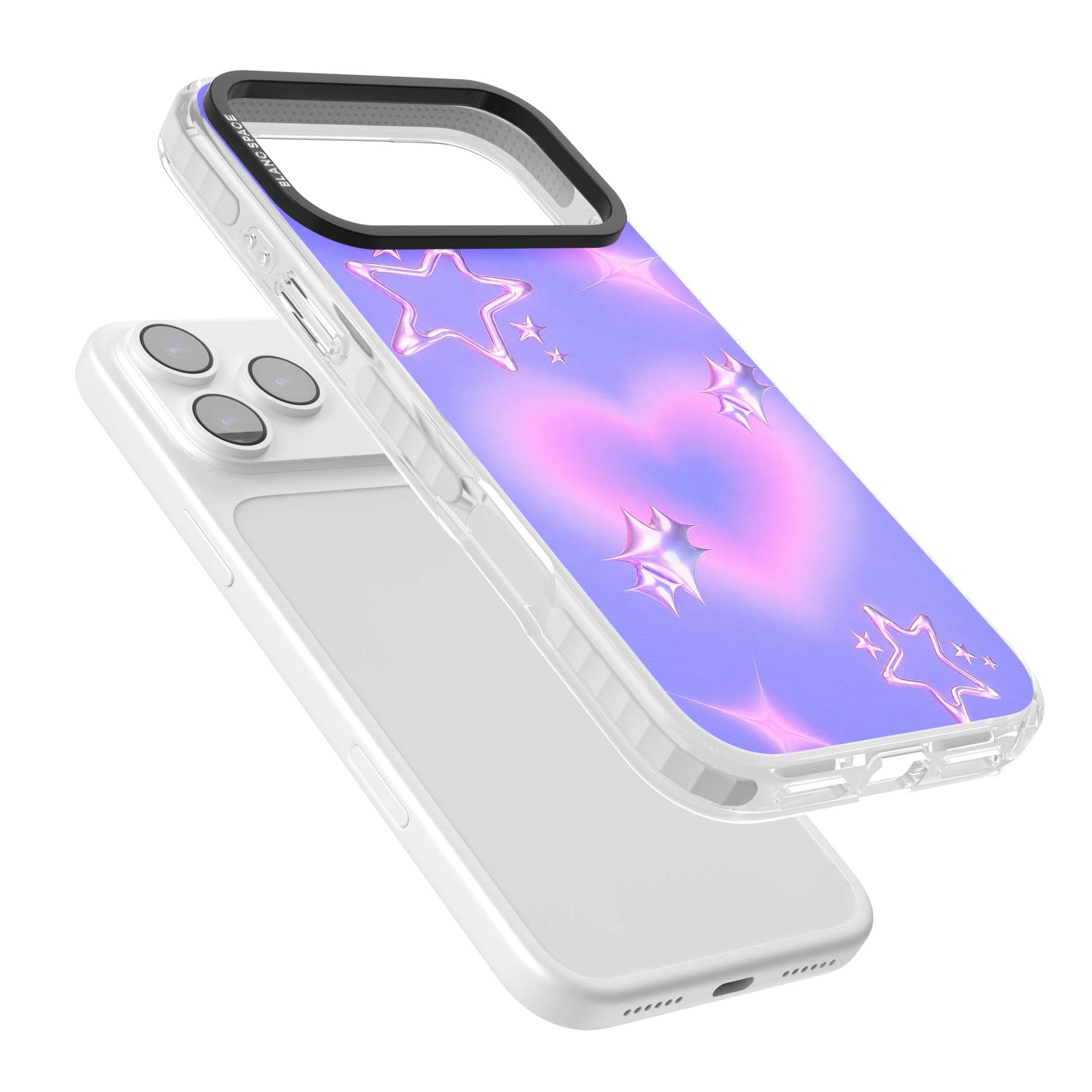 Soft Sugar Y2K iPhone case featuring iridescent chrome hearts, metallic pink stars and a lavender gradient sky | Impact Magsafe case for iPhone 17 Pro, iPhone 17 Pro Max