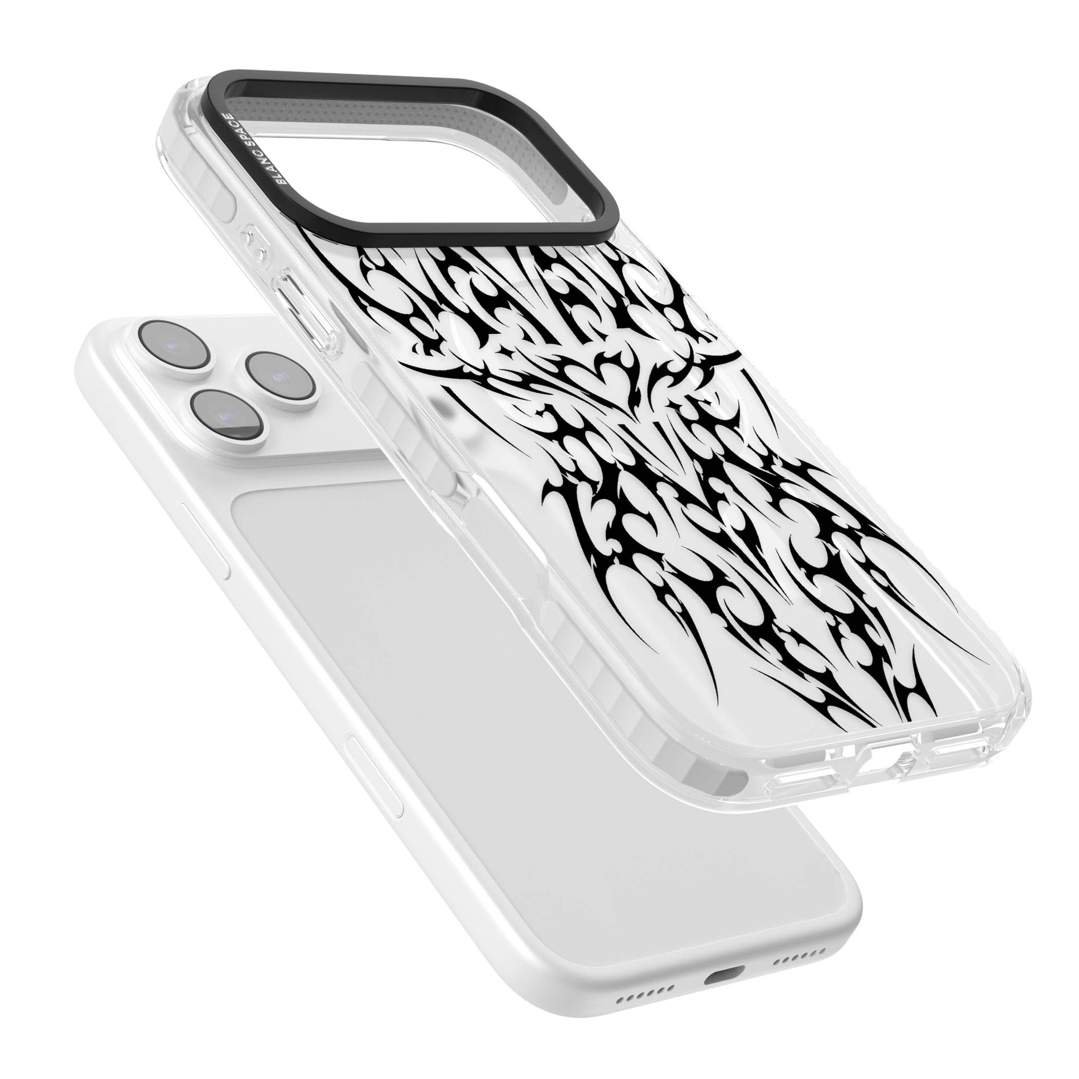 Neo Tribal Heart gothic iPhone case featuring symmetrical black tribal tattoo art with sharp thorn-like linework | Impact Magsafe case for iPhone 17 Pro, iPhone 17 Pro Max