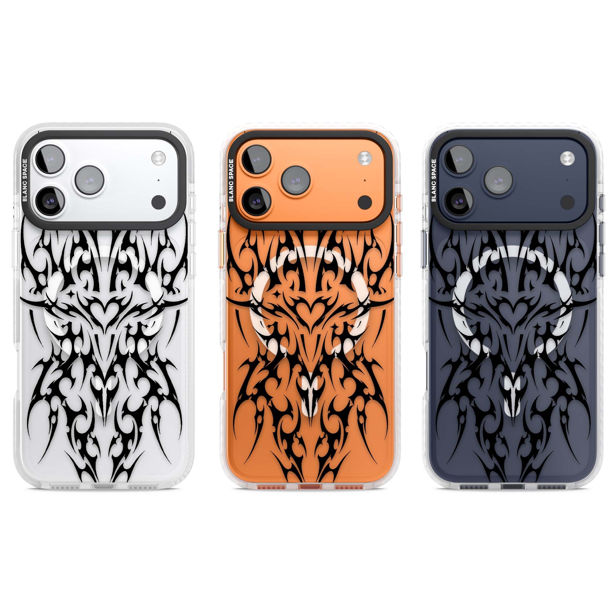 Neo Tribal Heart gothic iPhone case featuring symmetrical black tribal tattoo art with sharp thorn-like linework | Impact Magsafe case for iPhone 17 Pro, iPhone 17 Pro Max