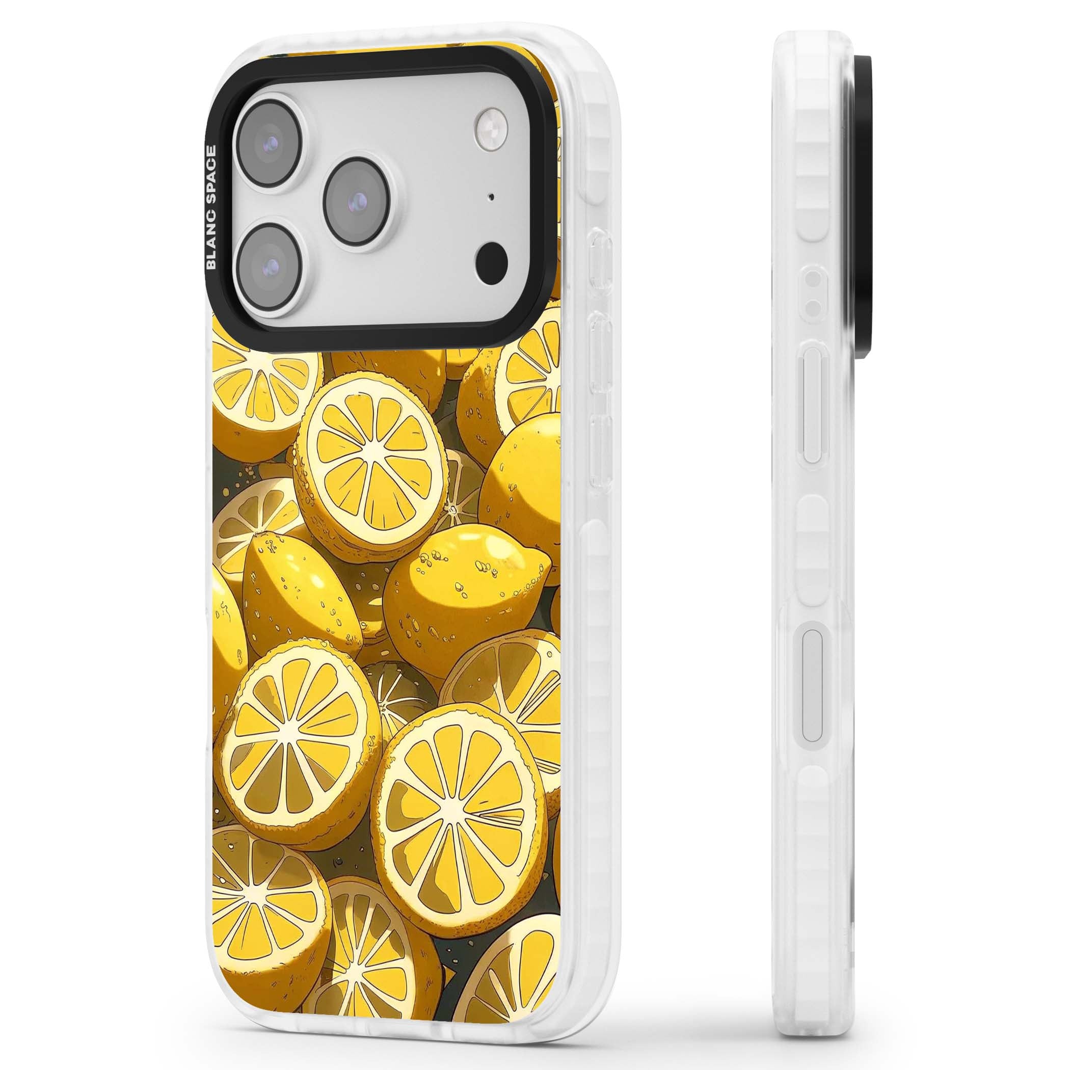 Zesty coastal iPhone case featuring illustrated Mediterranean lemons and citrus slices in golden yellow | Impact Magsafe case for iPhone 17 Pro, iPhone 17 Pro Max
