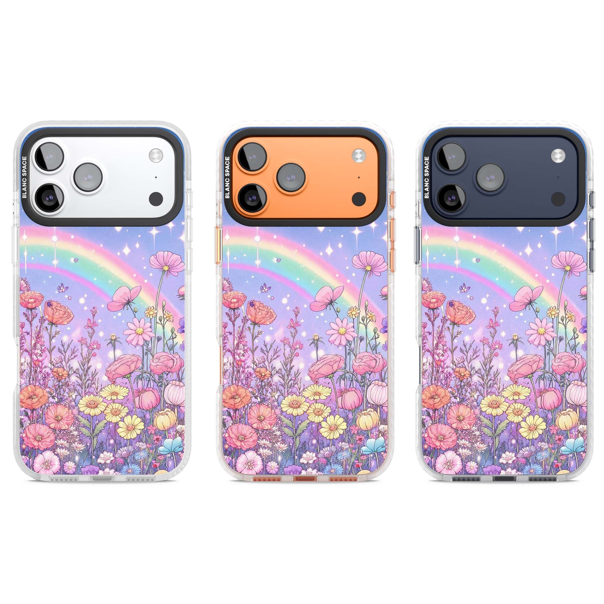 Magical Meadow fairycore iPhone case featuring a pastel rainbow, sparkling stars and a wildflower meadow | Black Impact case for iPhone 17 Pro, iPhone 17 Pro Max