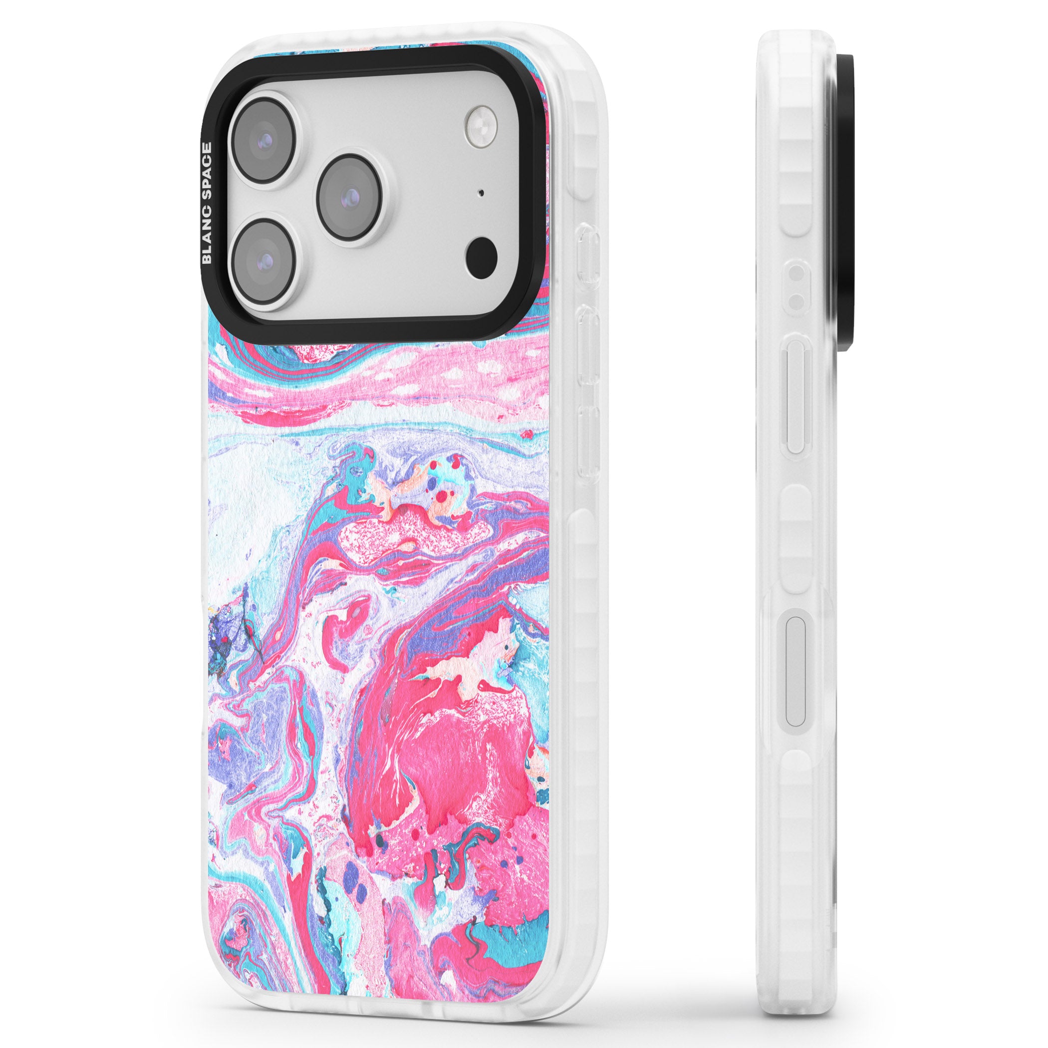 Pink, Blue & Purple Marbled Paper Pattern iPhone 17 Pro Impact Clear Phone Case Side Profile