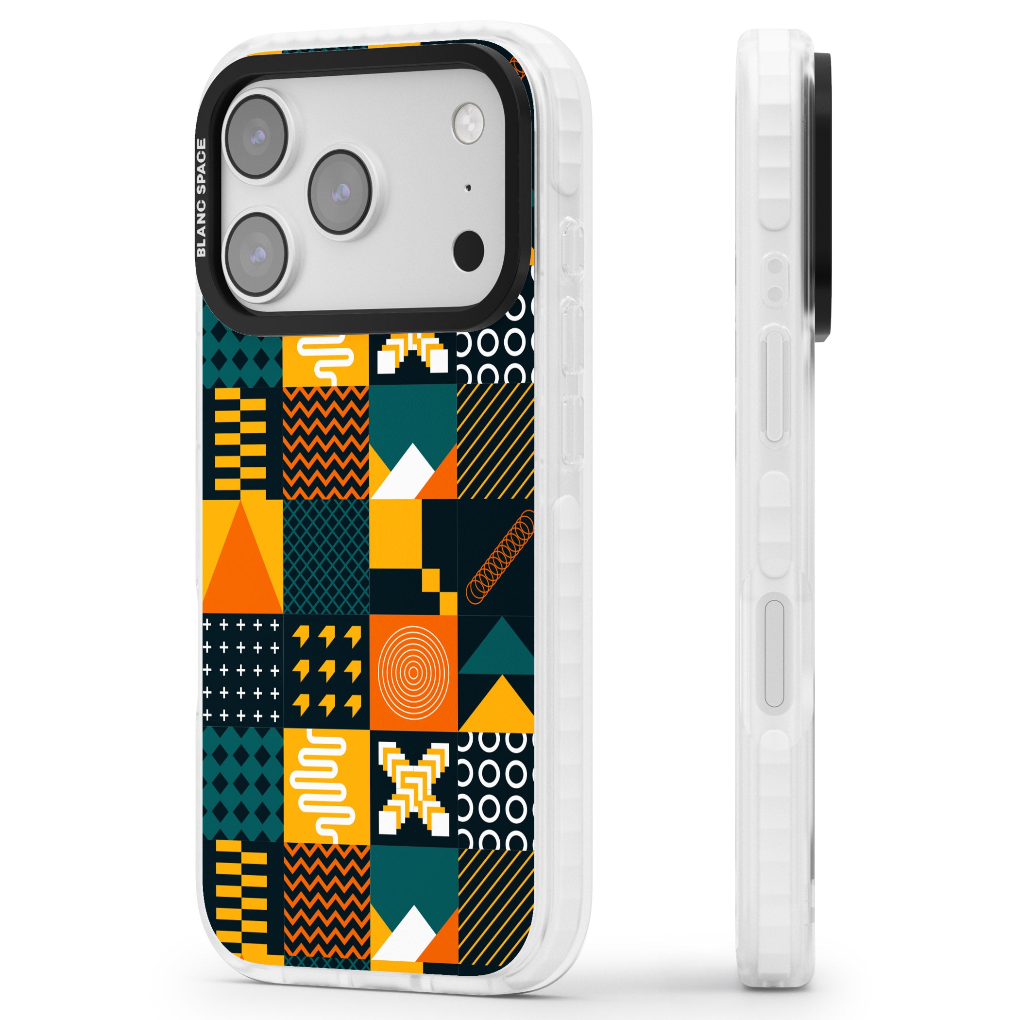 Funky Geometric Patterns: Orange & Dark Green iPhone 17 Pro Impact Clear Phone Case Side Profile