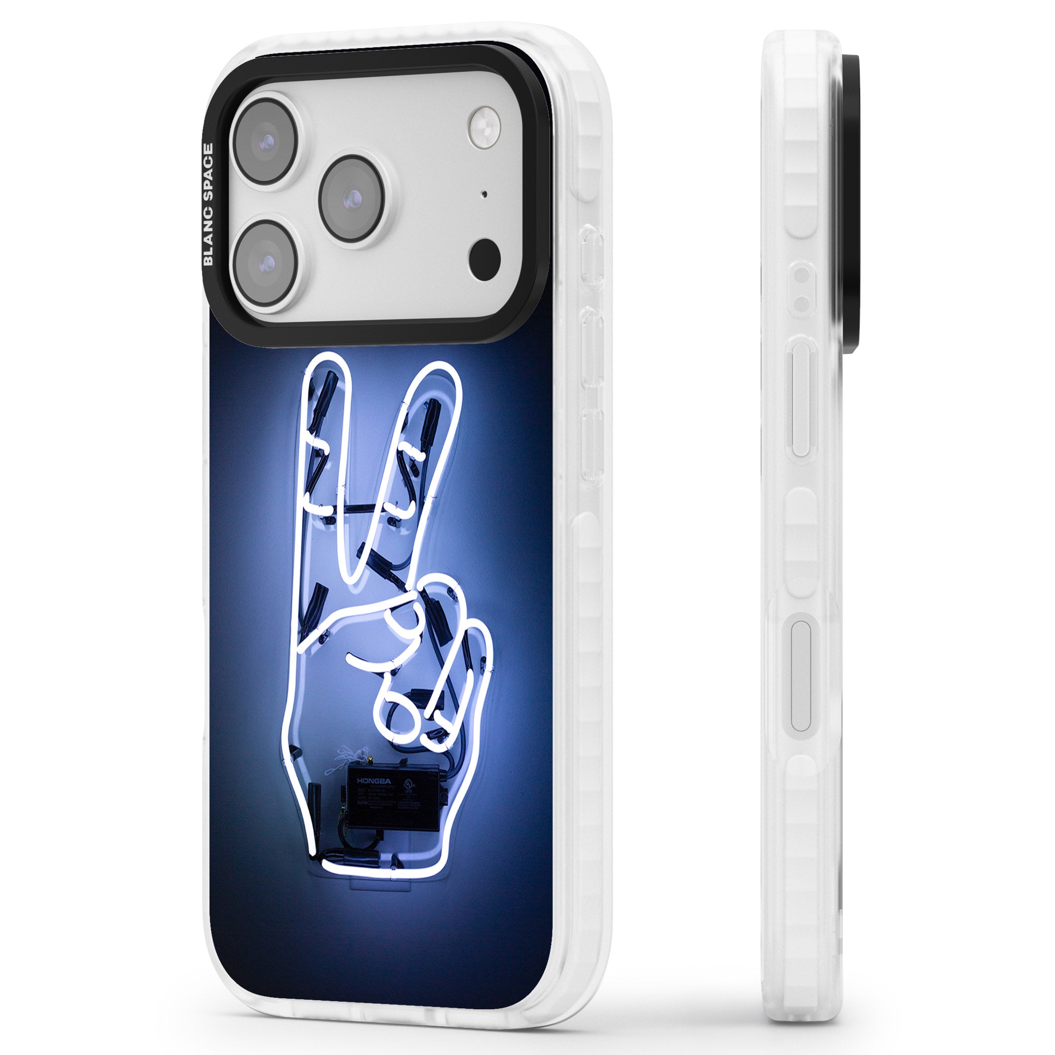 Neon Peace Sign iPhone 17 Pro Impact Clear Phone Case Side Profile