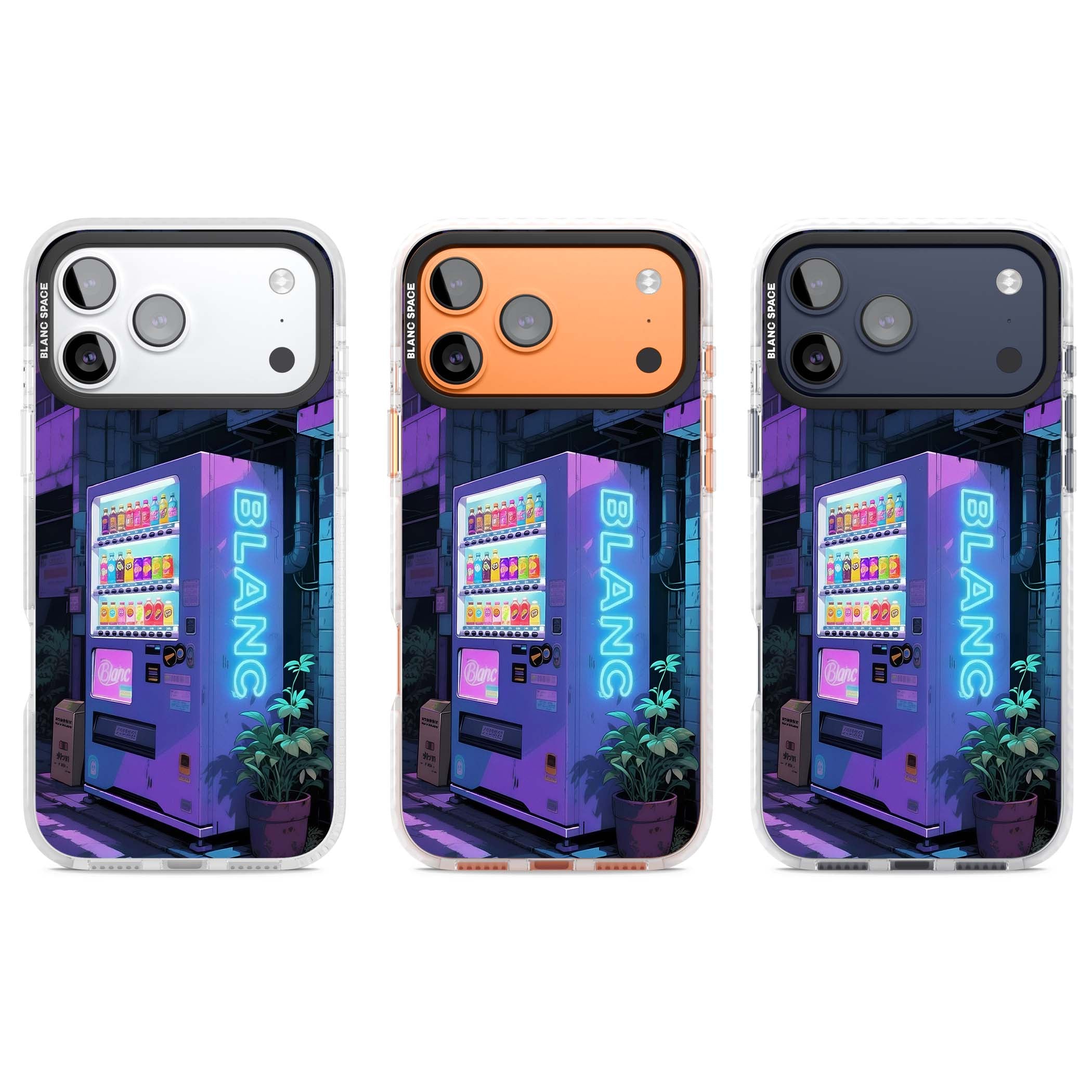 Shibuya Glow Japanese iPhone case featuring a glowing Tokyo vending machine, neon signage, and moody purple alleyway | Black Impact case for iPhone 17 Pro, iPhone 17 Pro Max