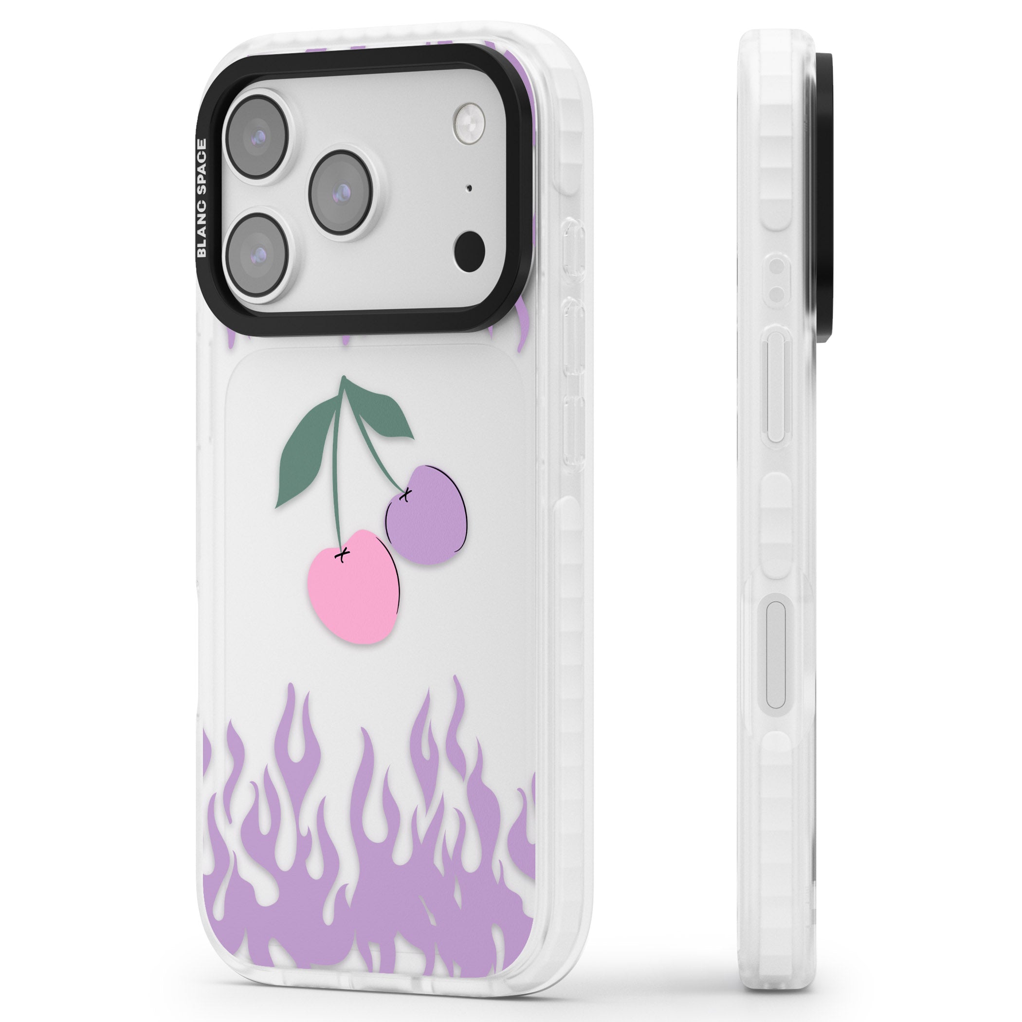 Cherries N' Flames iPhone 17 Pro Impact Clear Phone Case Side Profile