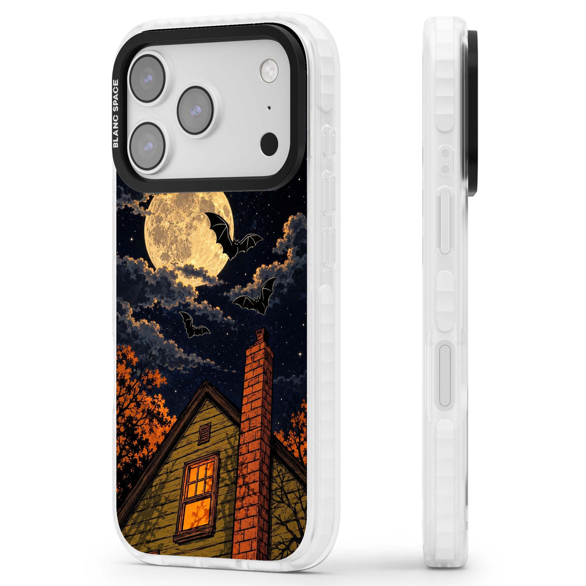 Hollows Eve Halloween iPhone case featuring a haunted house, full moon and flying bats against a starry autumn sky | Black Impact case for iPhone 17 Pro, iPhone 17 Pro Max