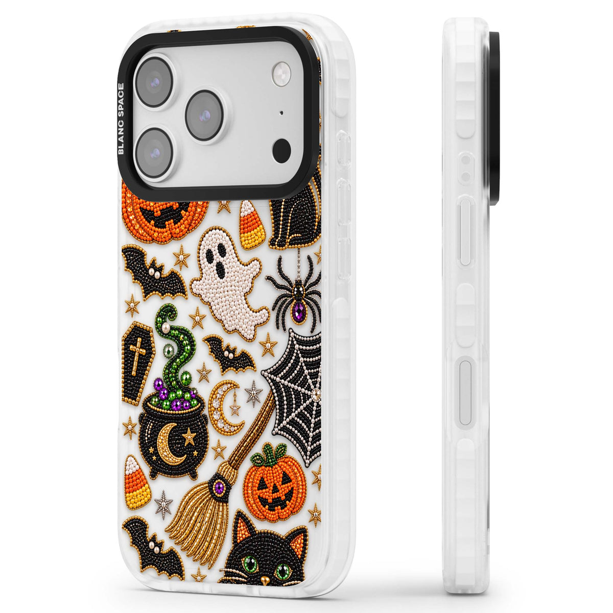 Beaded Halloween Halloween iPhone case featuring beaded pumpkins, ghosts, black cats and bats | Black Impact case for iPhone 17 Pro, iPhone 17 Pro Max