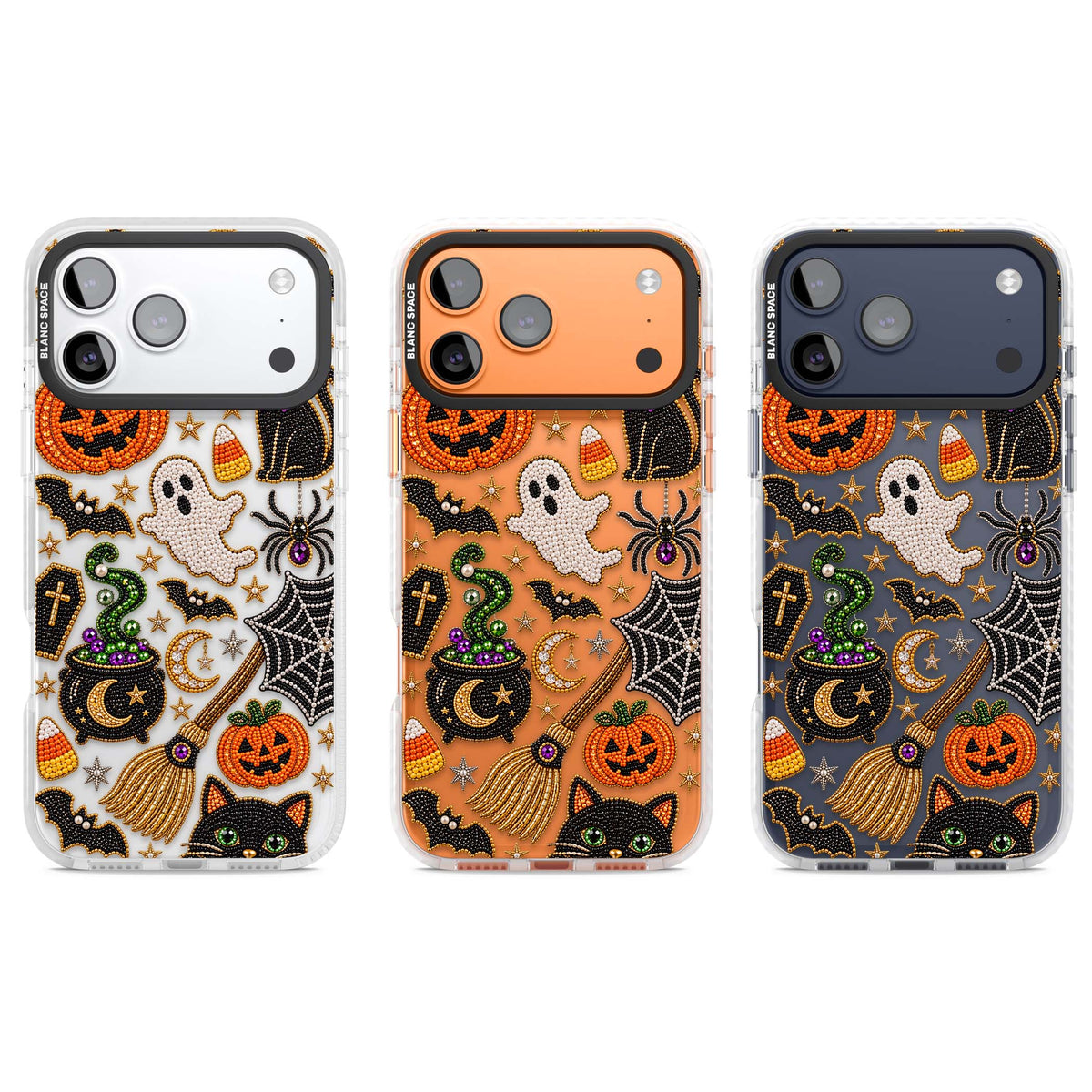 Beaded Halloween Halloween iPhone case featuring beaded pumpkins, ghosts, black cats and bats | Black Impact case for iPhone 17 Pro, iPhone 17 Pro Max