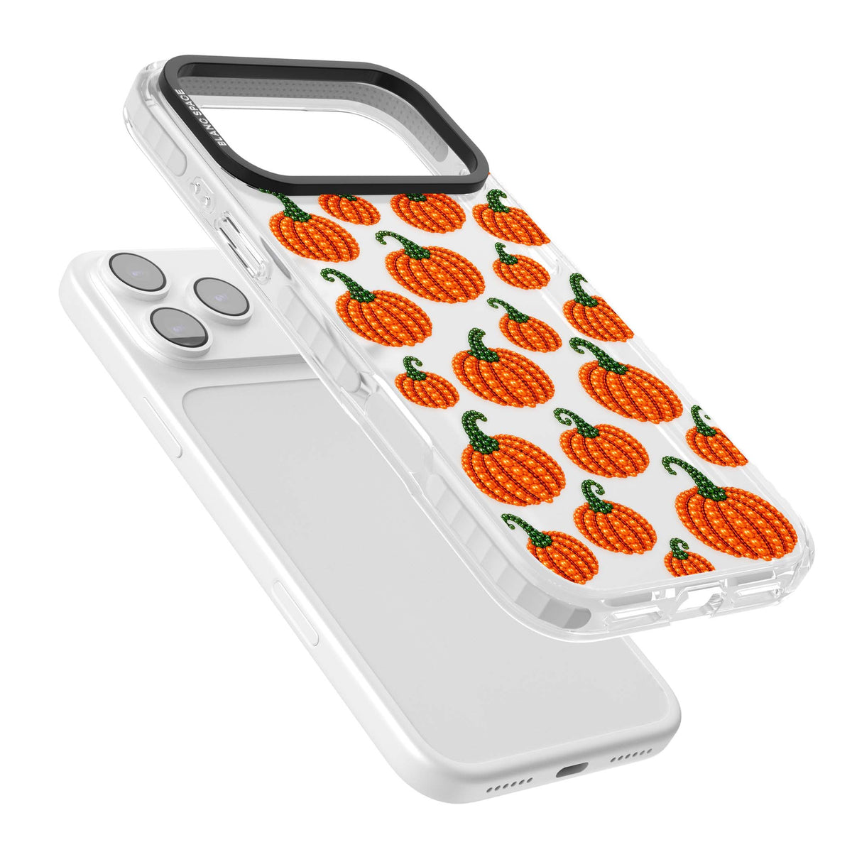 Beaded Pumpkins halloween iPhone case featuring beaded orange pumpkins with green stems on a clear background | Black Impact case for iPhone 17 Pro, iPhone 17 Pro Max